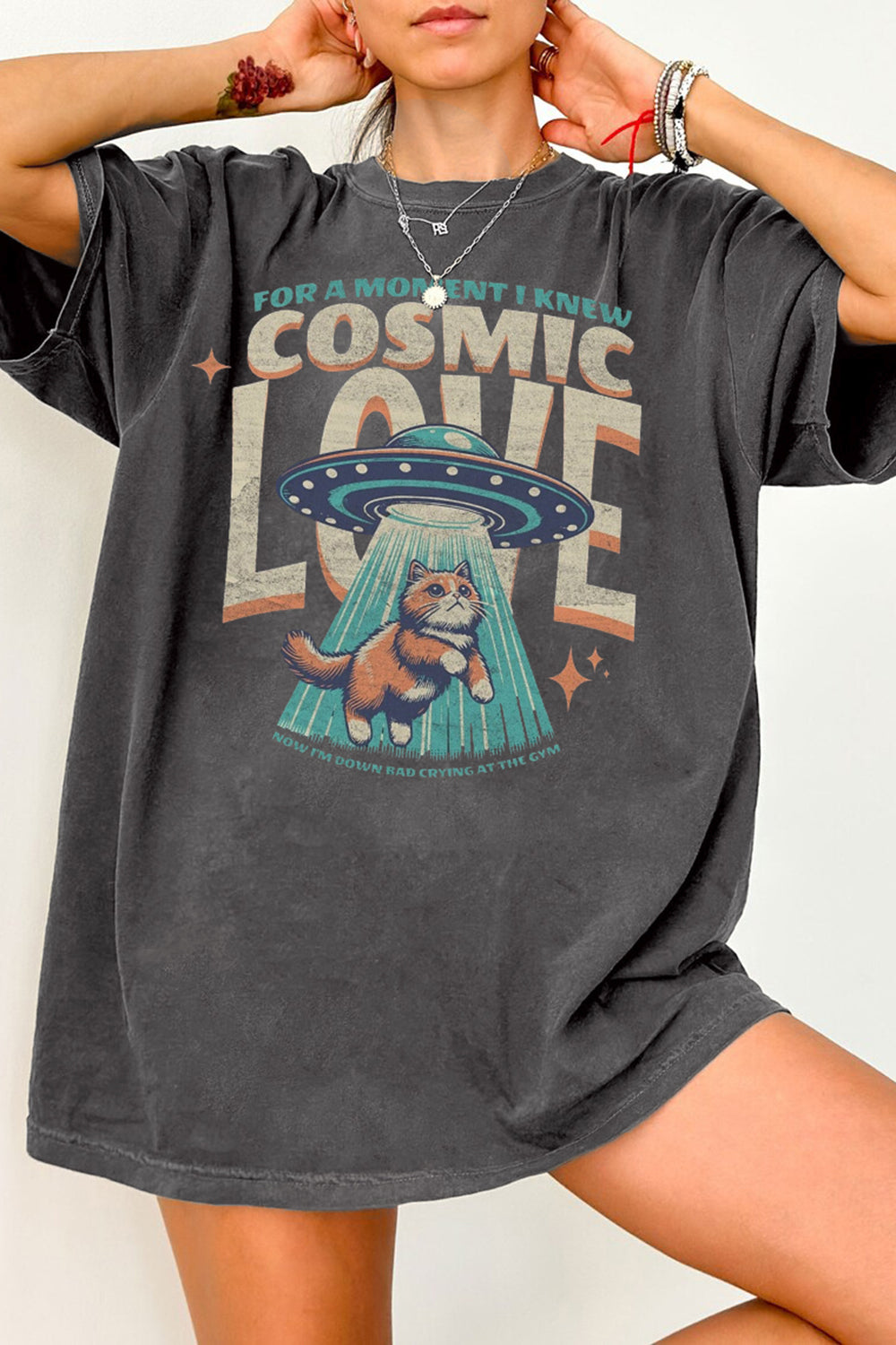 New T-Shirt Down Bad Merch, Shirt Down Bad Crying At The Gym Cosmic Love Cat Alien Spaceship For Women