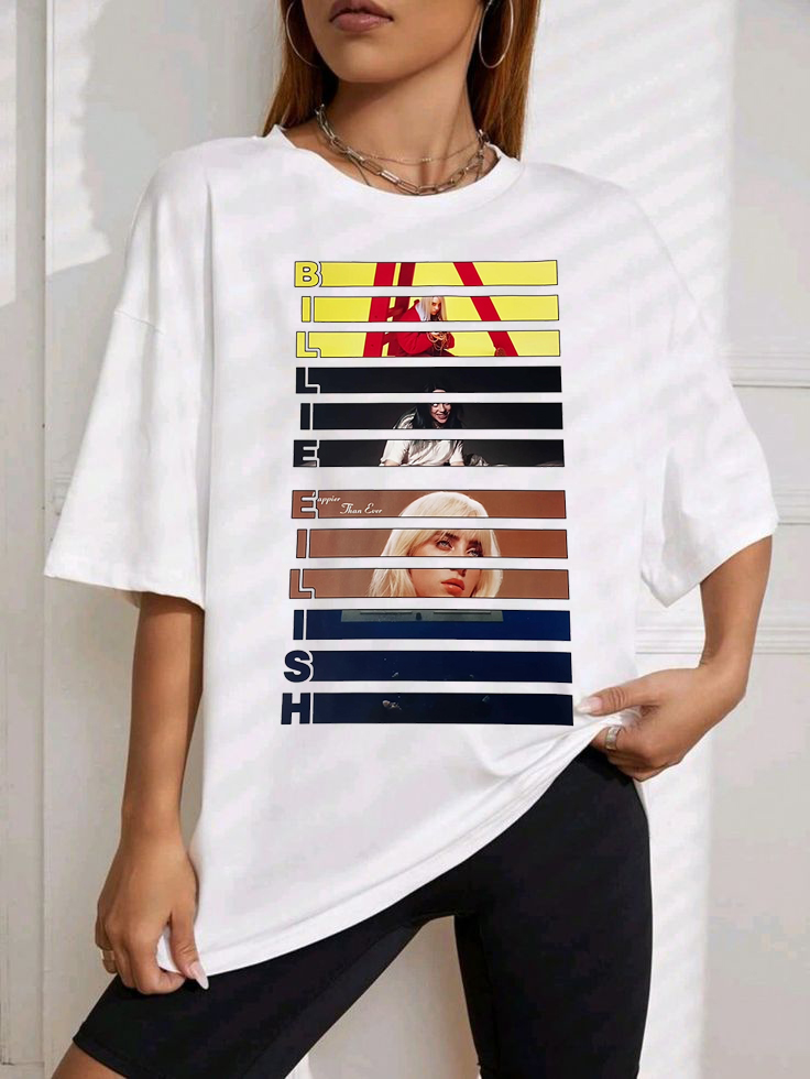 New T-Shirt Billie Eilish Merch, Shirt Billie Eilish Poster Personality Casual Print Short-Sleeved