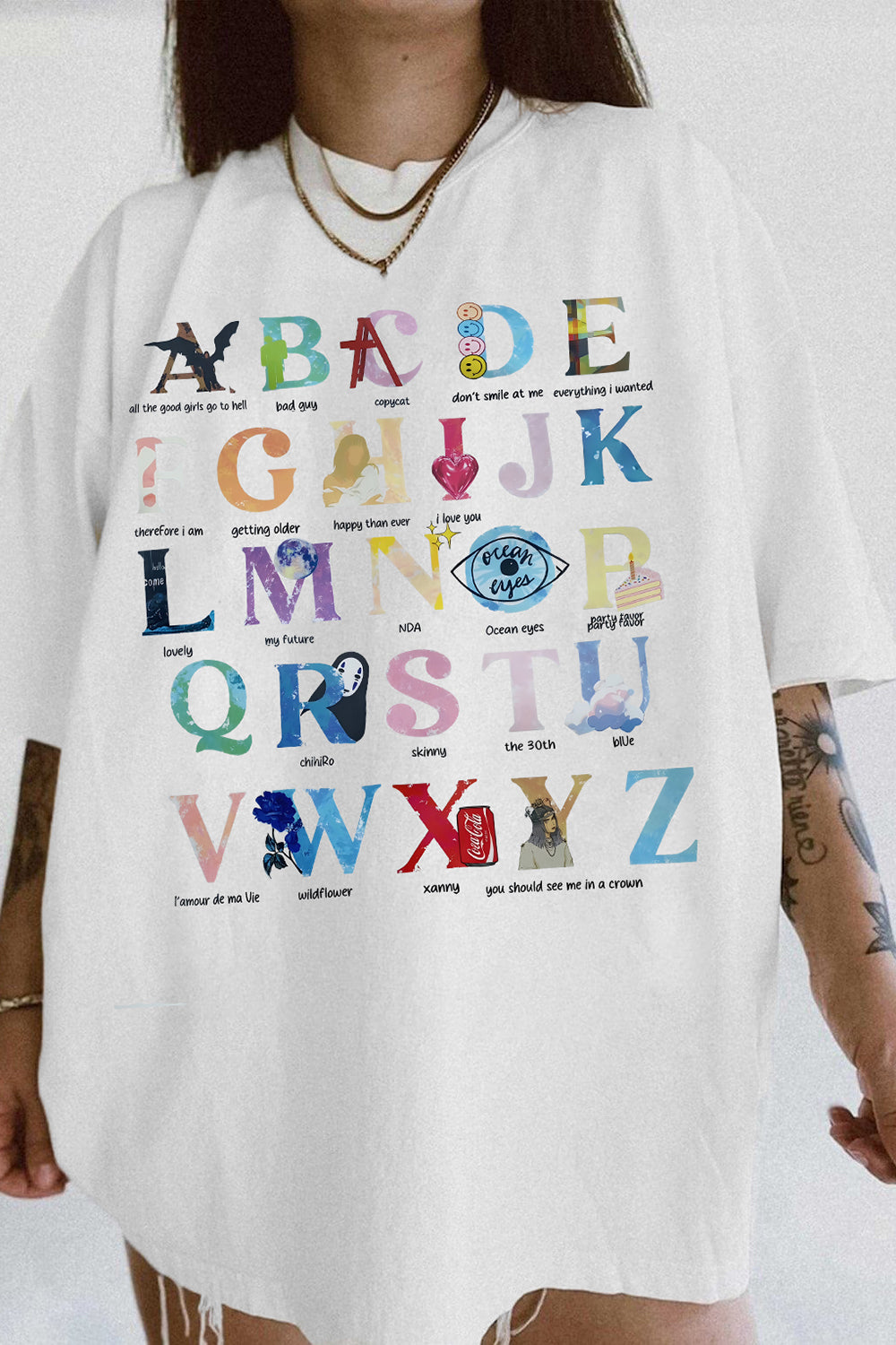 T-Shirt Alphabet Billie Merch, Shirt Alphabet Billie Eilish Version For Women