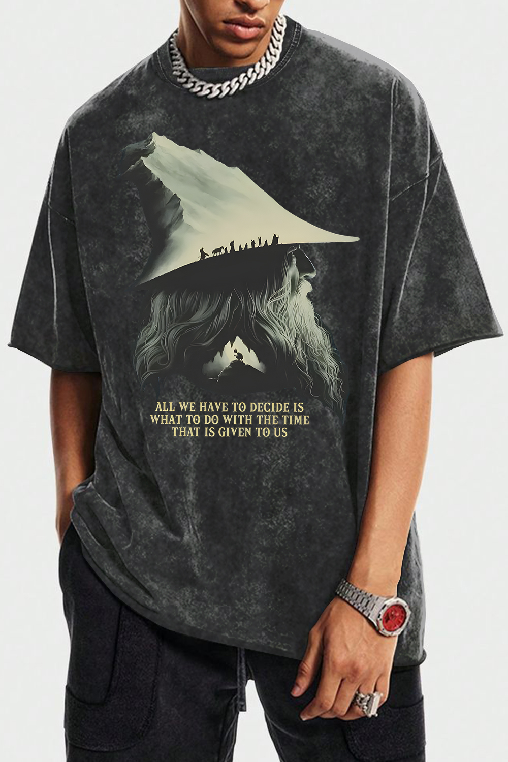 New T-Shirt Washed Cotton Merch, Shirt Washed Cotton Lotr Gandalf Quote All We Have To Decide Front Vintage  – Men