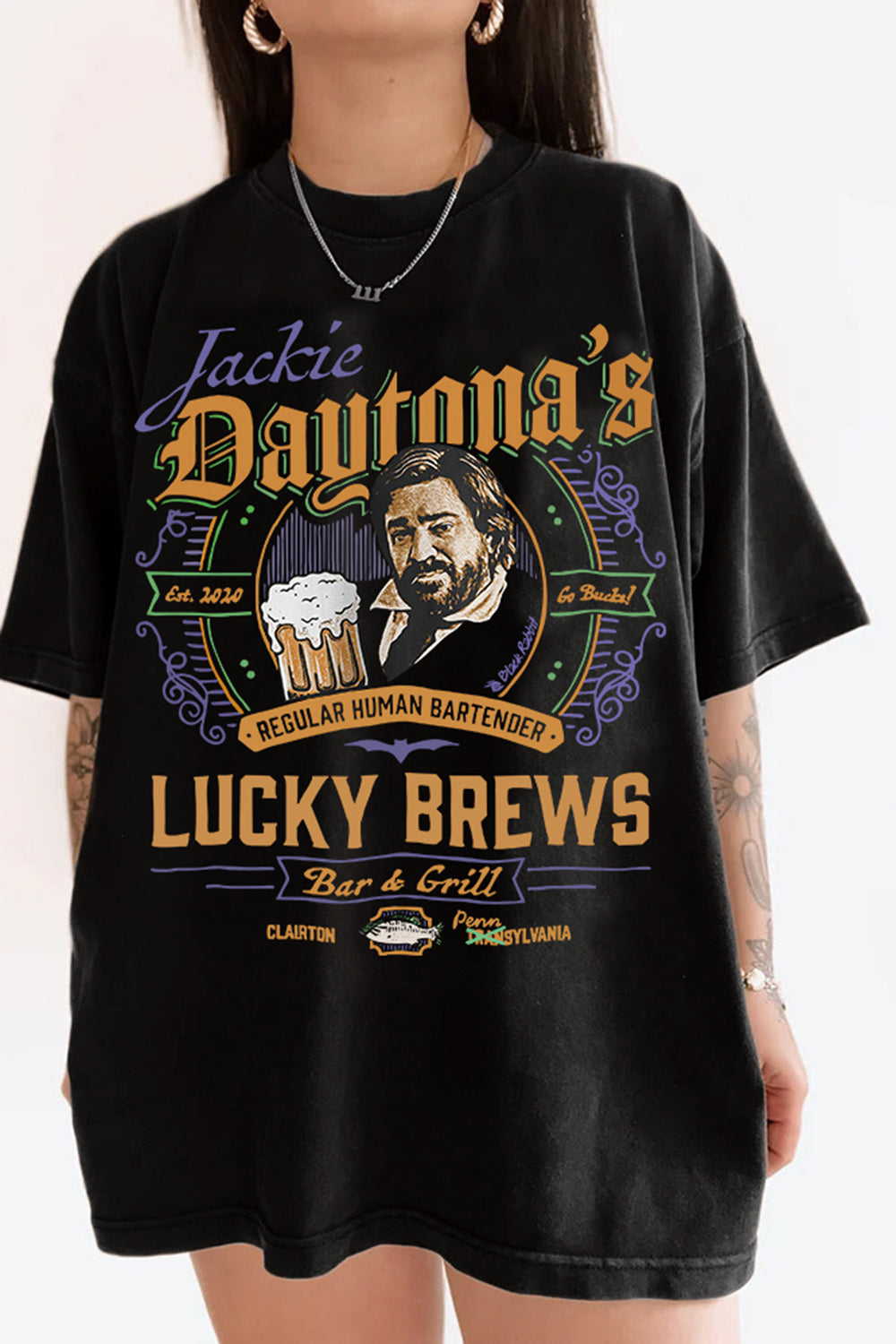 New T-Shirt What We Merch, Shirt What We Do In The Shadows Jackie Daytona Regular Human Bartender Lucky Brews Retro For Women