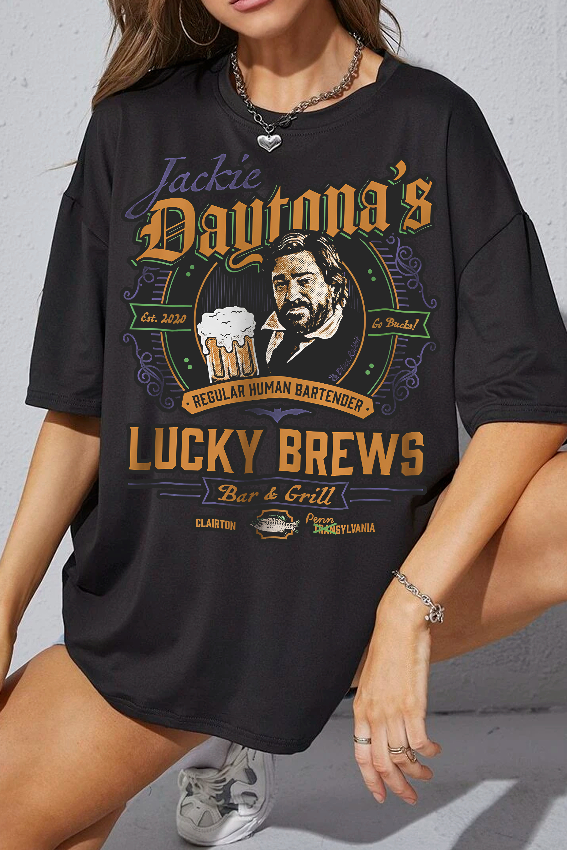New T-Shirt What We Merch, Shirt What We Do In The Shadows Jackie Daytona Regular Human Bartender Lucky Brews Retro For Women