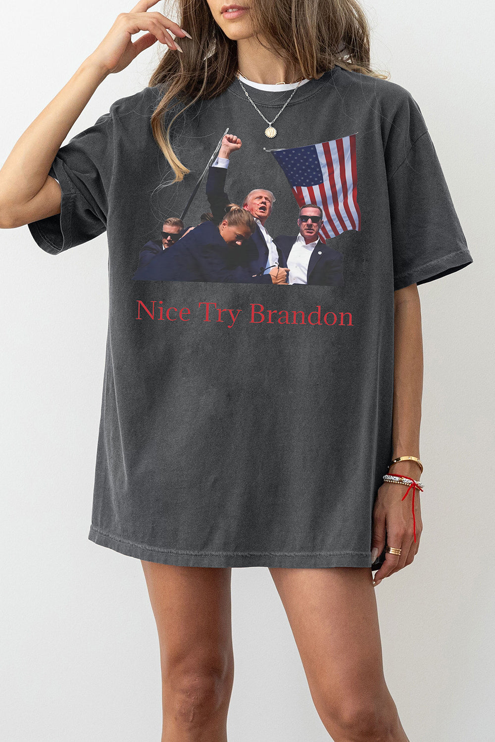New T-Shirt Trump Shooting Merch, Shirt Trump Shooting Nice Try Brandon For Women