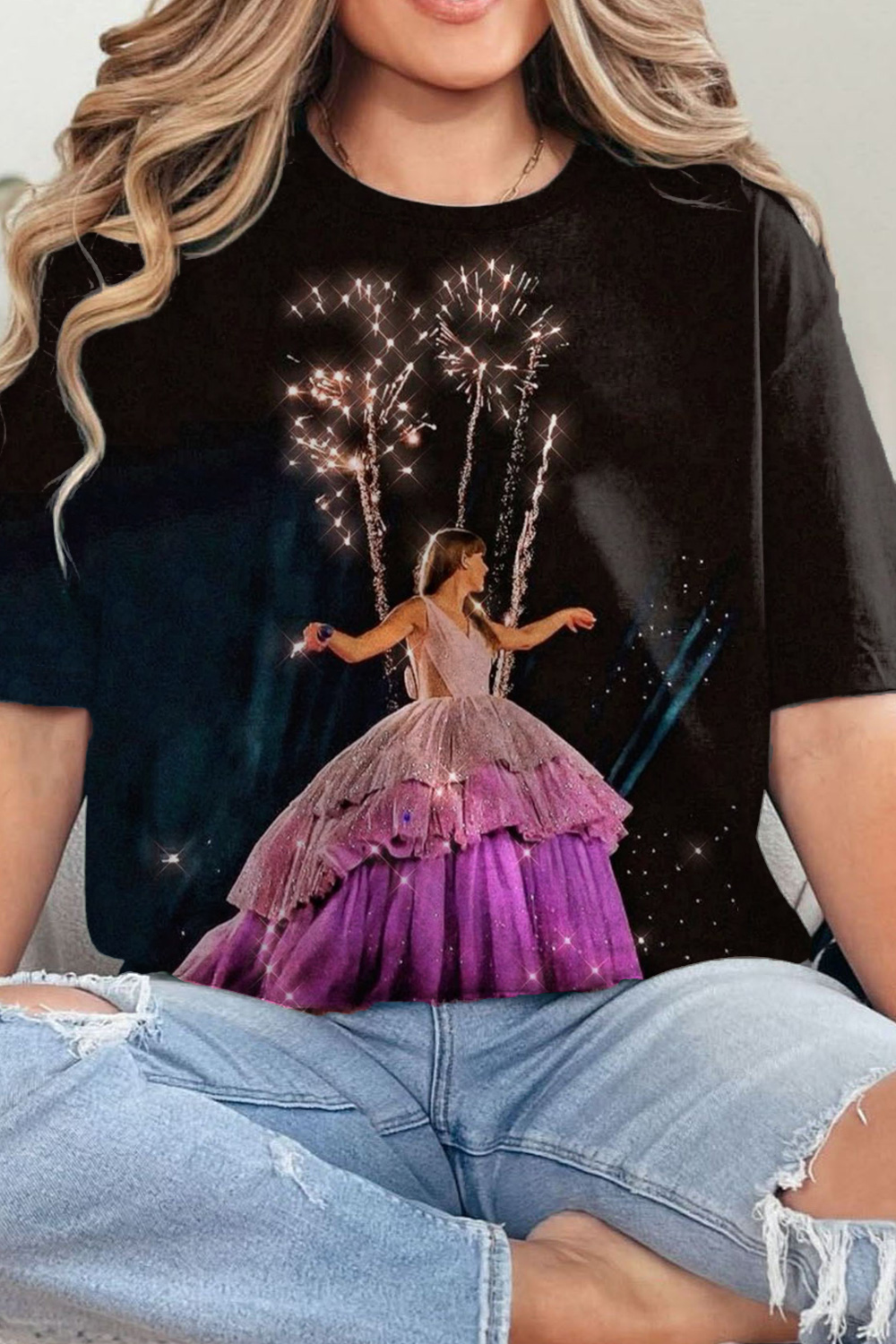 New T-Shirt Taylor Fireworks Merch, Shirt Taylor Fireworks Print Round Neck Short Sleeve