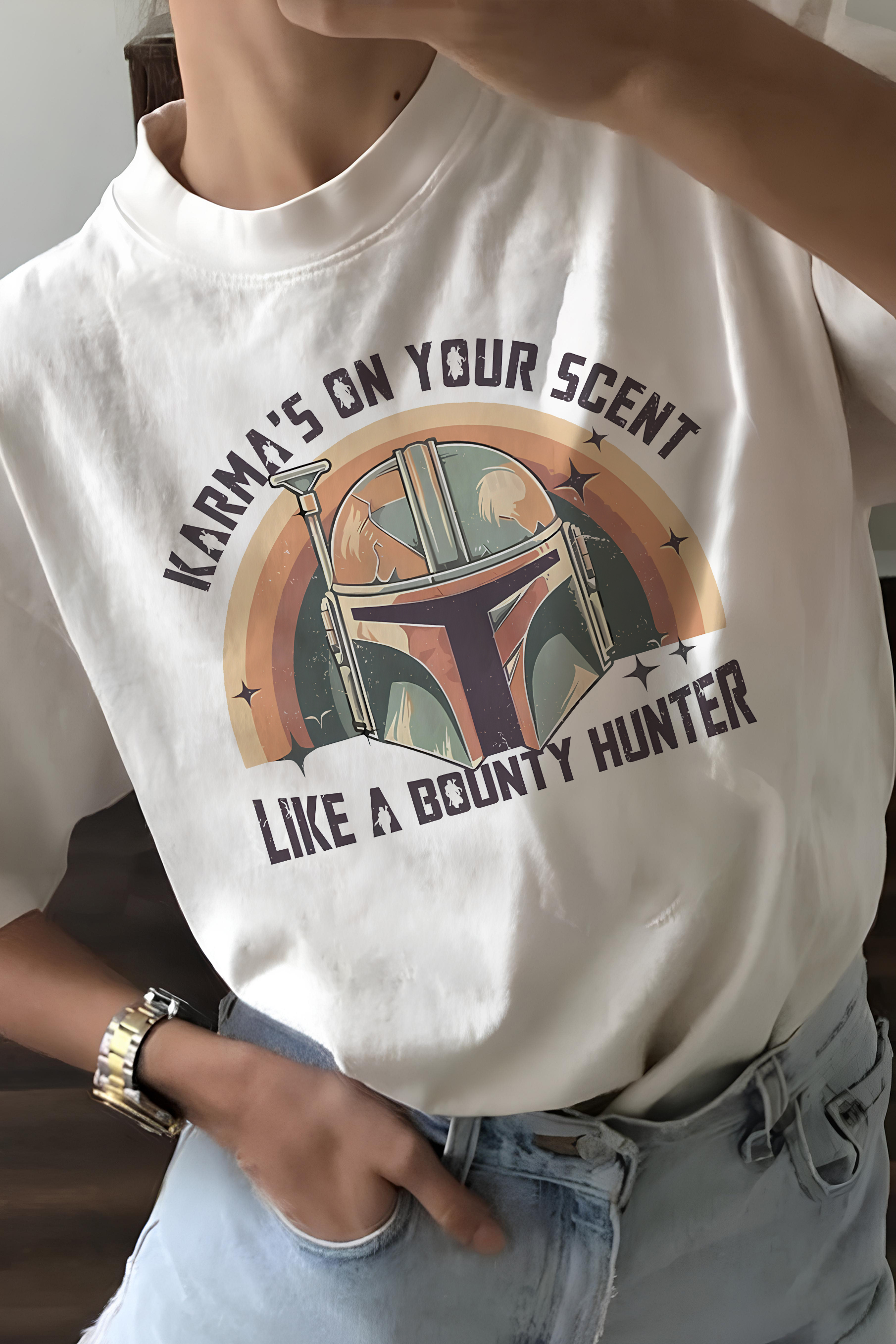 New T-Shirt Star Wars Merch, Shirt Star Wars Vintage Karma Is On Your Scent Bounty Hunter For Women