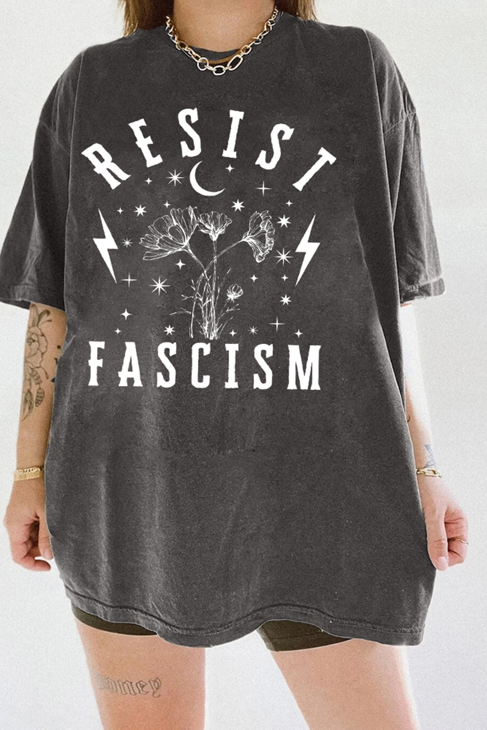 T-Shirt Resist Fascism Merch, Shirt Resist Fascism Lightning Bolts Botanical Floral For Women