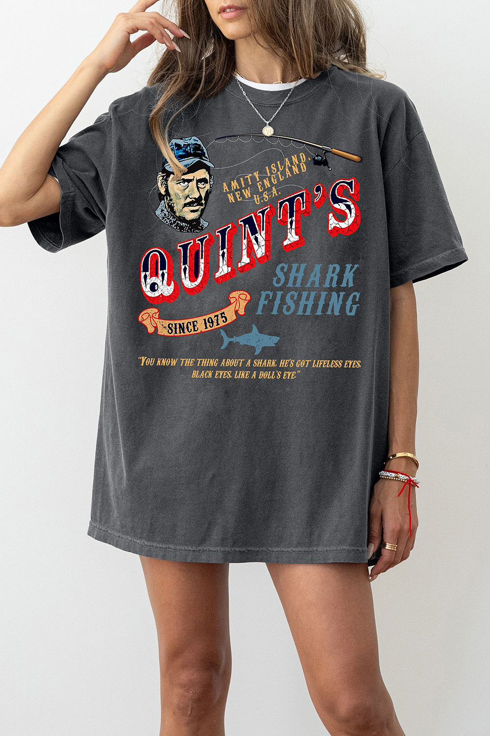 New T-Shirt Qunit’S Shark Merch, Shirt Qunit’S Shark Fishing Wood Graphic For Women