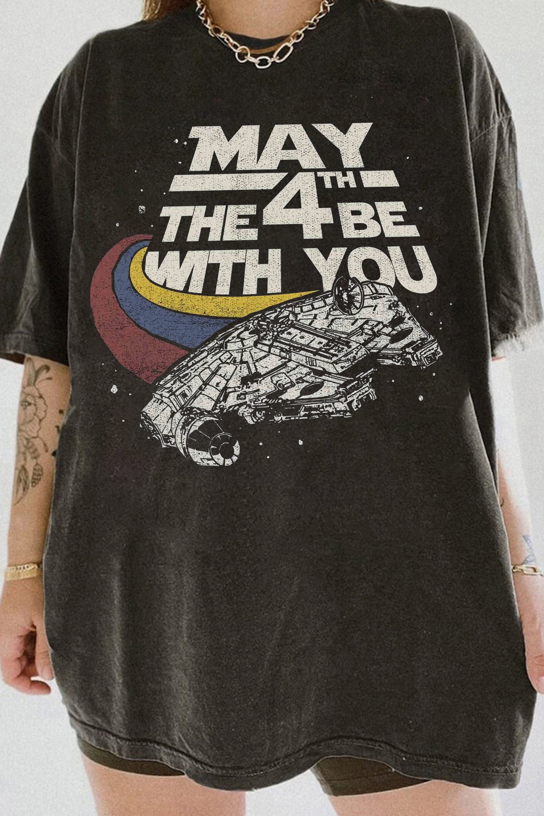New T-Shirt May The Merch, Shirt May The 4Th Be With You Millennium Falcon Ship Three Stripes Retro For Women