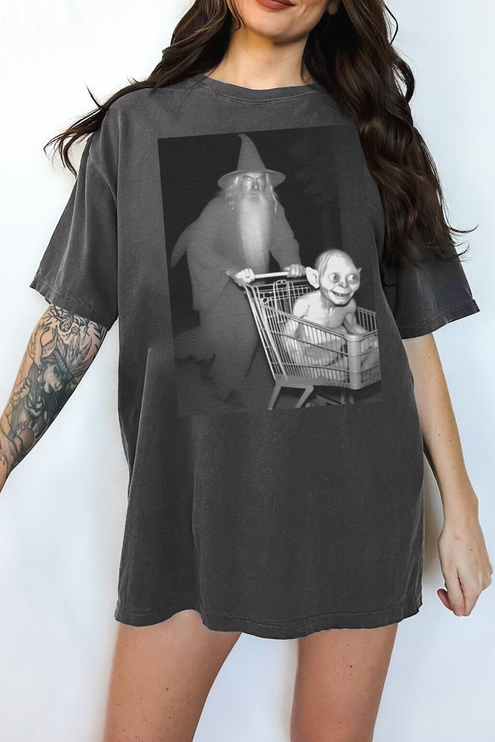 New T-Shirt Lord Of Merch, Shirt Lord Of The Rings Gandalf And Gollum Go Shopping Graphic For Women