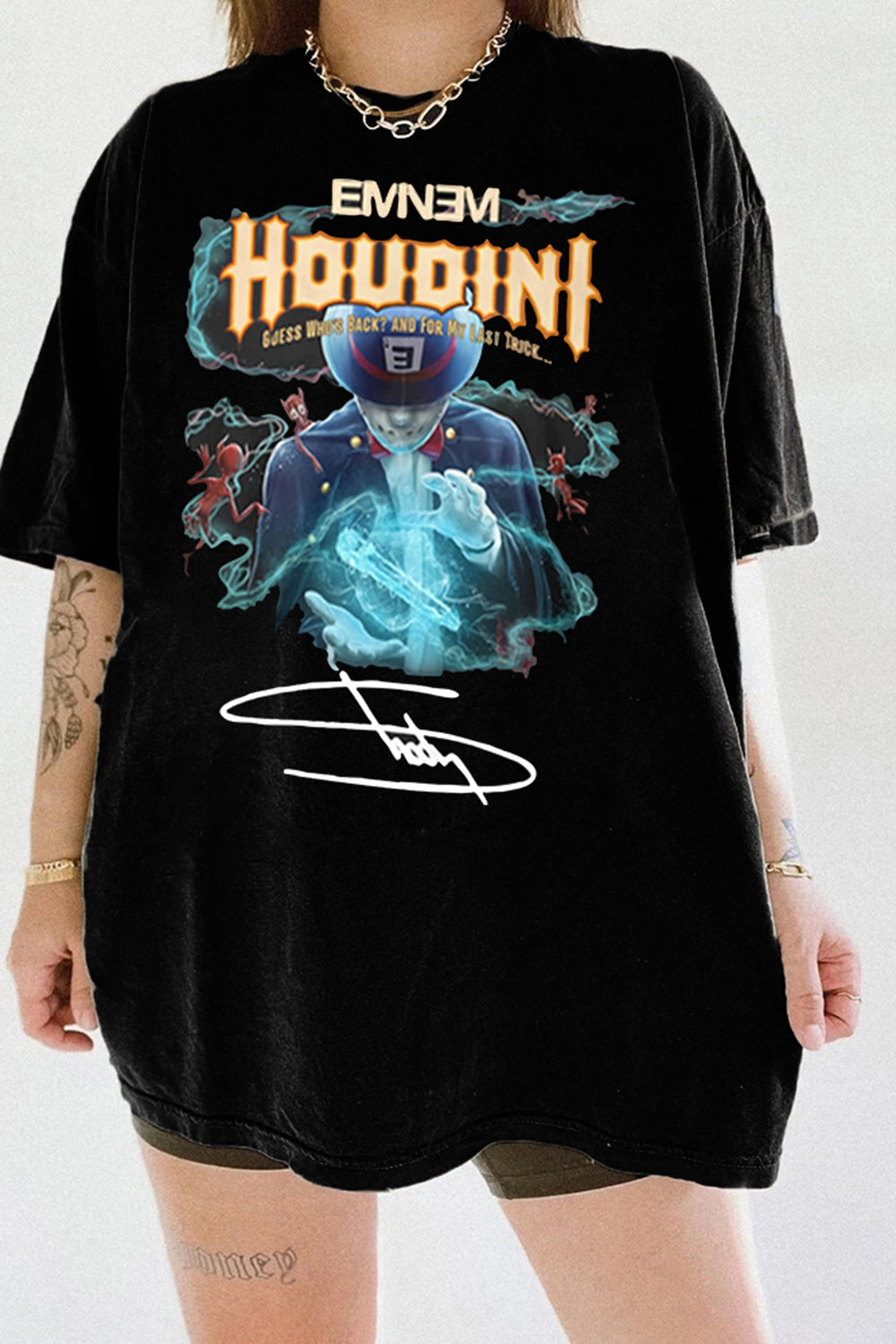 New T-Shirt Eminem Houdini Merch, Shirt Eminem Houdini Guess WhoS Back And For My Last Trick Graphic For Women