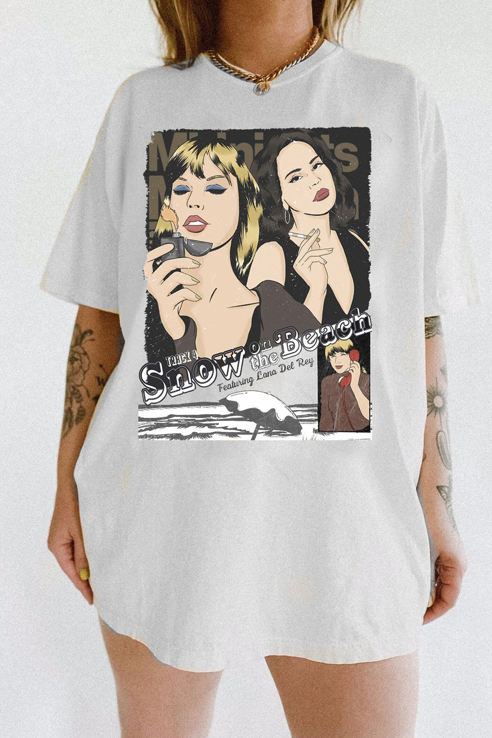 T-Shirt Cartoon Taylor Merch, Shirt Cartoon Taylor Lana Snow On The Beach For Women