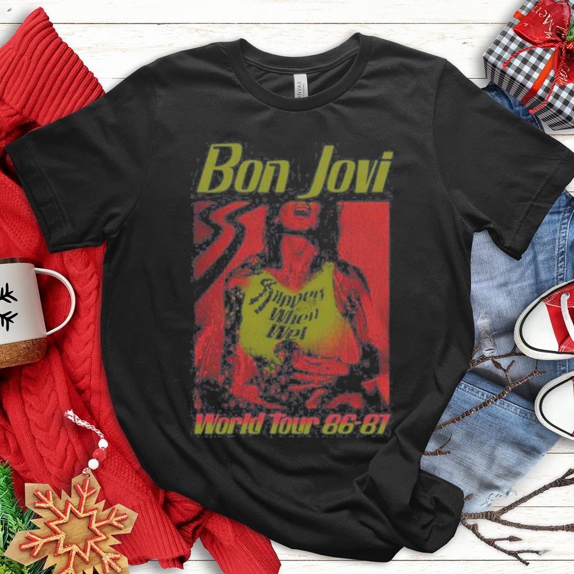 Official Slippery When Wet Vintage World Tour Black Bon Jovi, Slippery When T-Shirts