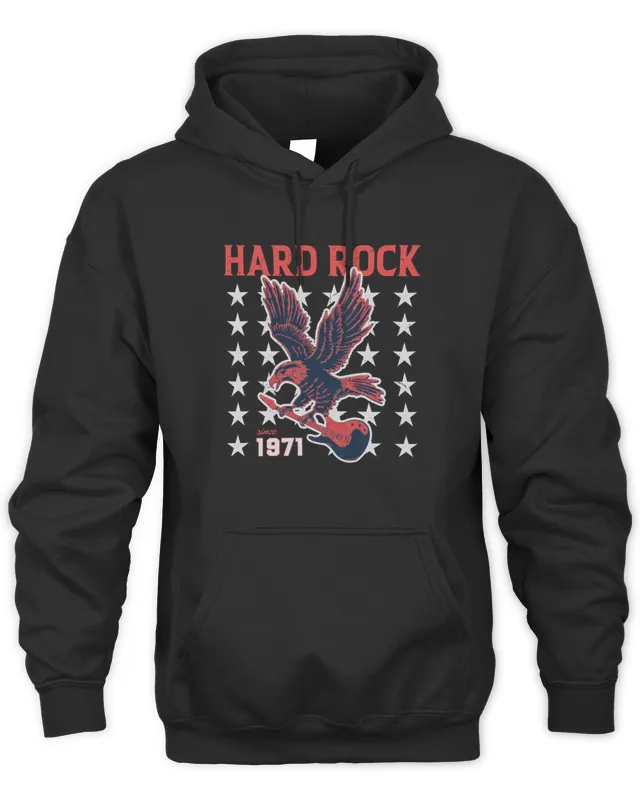 New Hoodie Hard Rock Americana Adult Fit since 1971 With Eagle Guitar Stars Motif Tee Navy