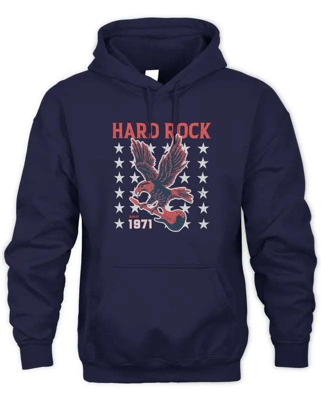 Hard Rock Americana Adult Fit since 1971 With Eagle Guitar Stars Motif Navy Hoodie