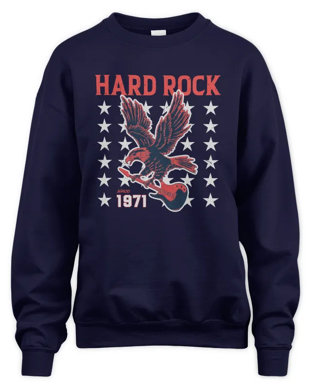 New Hard Rock Americana Adult Fit since 1971 With Eagle Guitar Stars Motif Navy Sweatshirt