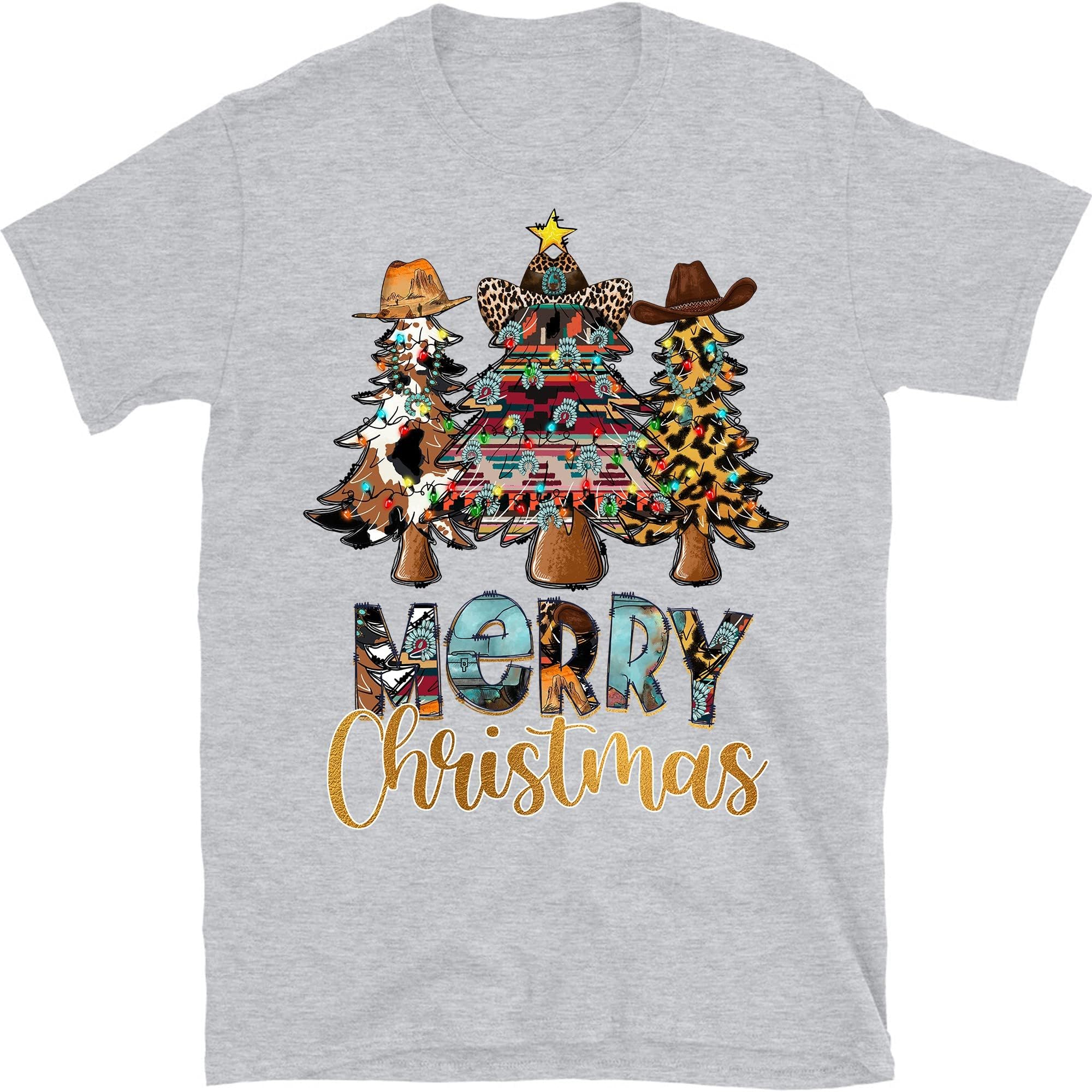 Merry Christmas Cowboy Tree, Merry Christmas Trees T-Shirt, Cow Hide Shirt, Christmas Tree, Western Christmas Tee - Sport Grey 4X-Large