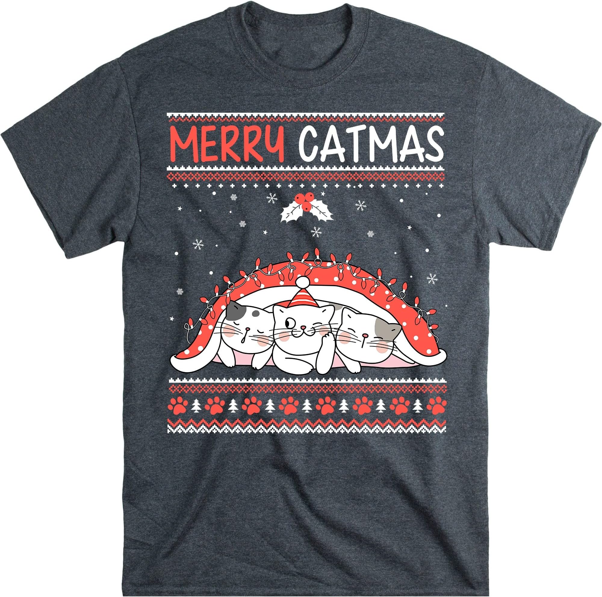 Christmas Cats T Shirt, Merry Catmas, Funny Cat Lover Merry Christmas Shirts, Meowy Catmas - Dark Heather Large