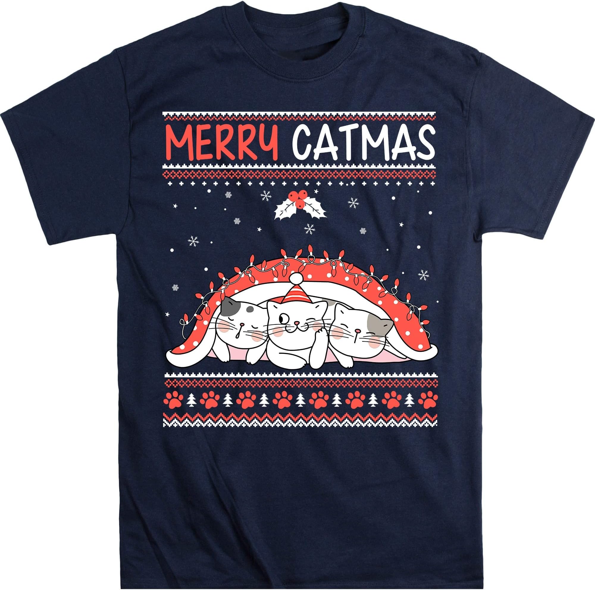 Christmas Cats T Shirt, Merry Catmas, Funny Cat Lover Merry Christmas Shirts, Meowy Catmas - Navy 3X-Large