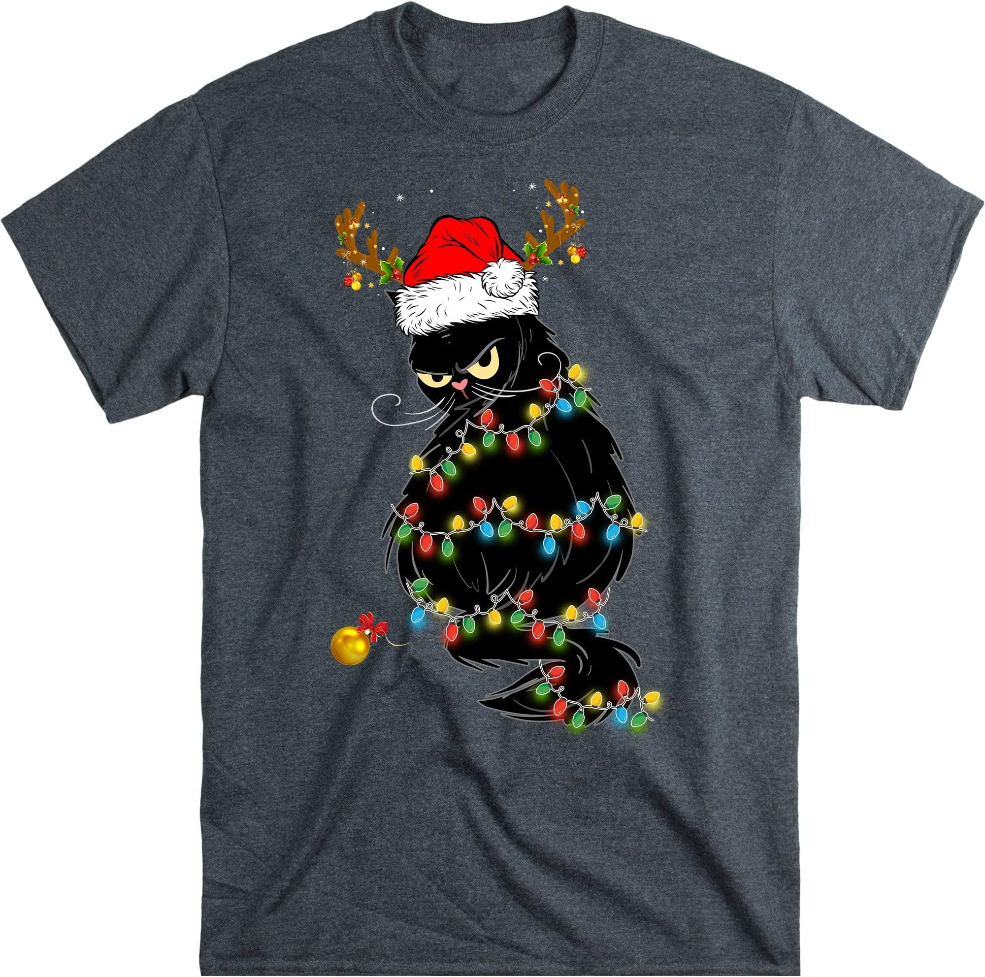Black Cat Christmas Lights T- Shirt Funny Cat Lover Christmas Cat Gift - Dark Heather 3X-Large