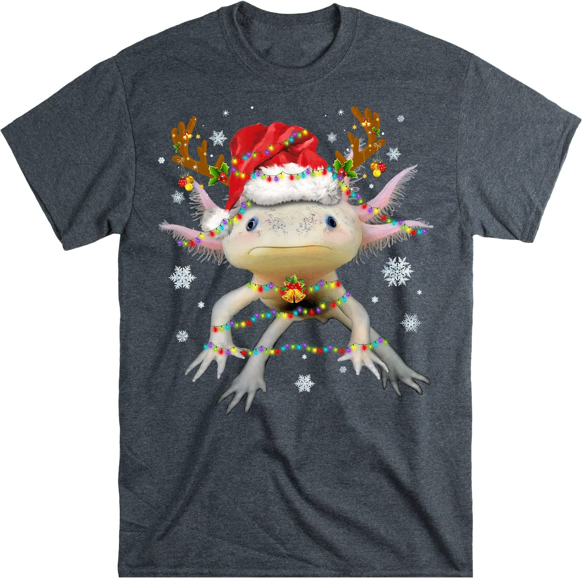 Cute Christmas Axolotl Lover Xmas, Axolotl Christmas Lights Funny Family Pajamas Xmas T-Shirt - Dark Heather 3X-Large
