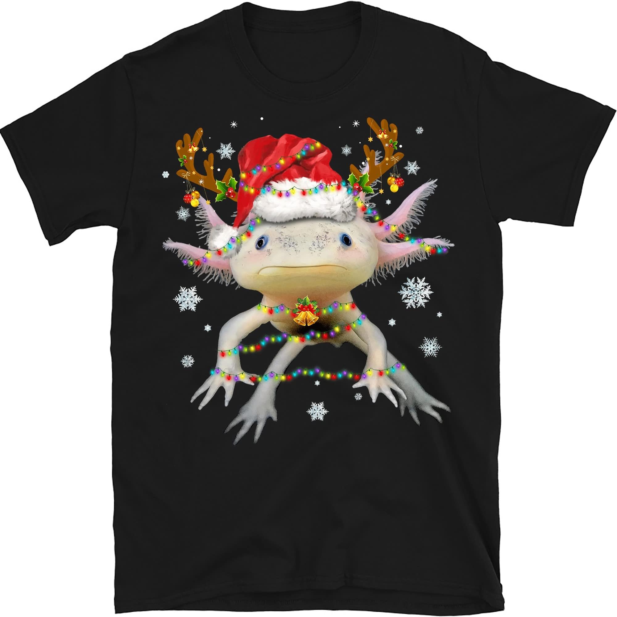 Cute Christmas Axolotl Lover Xmas, Axolotl Christmas Lights Funny Family Pajamas Xmas T-Shirt - Black Large