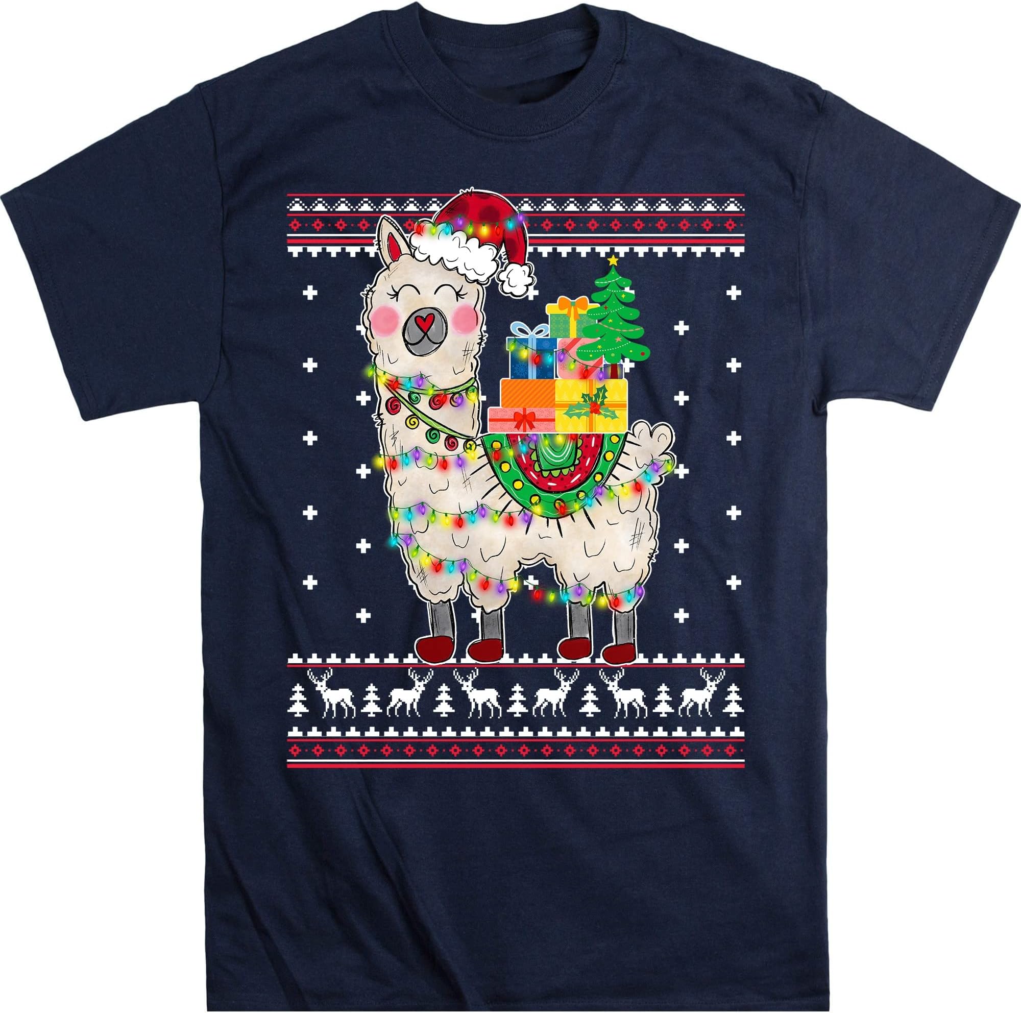 Llamas Christmas Xmas T-Shirt, Funny Llama Lovers Christmas Lights Pajama T-Shirt - Navy Large