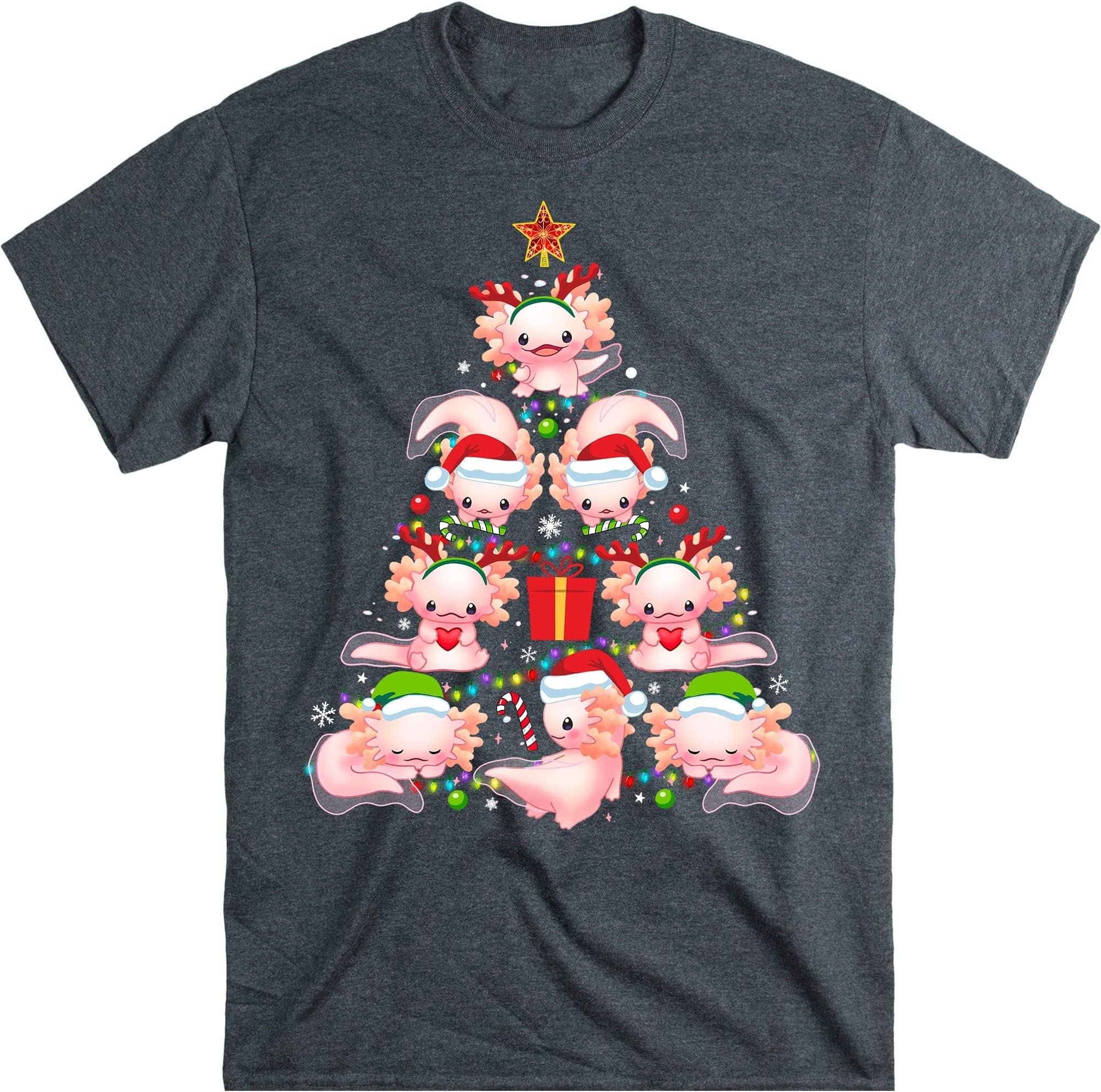 Axolotl Christmas Tree Lights Funny Family Pajamas Xmas T-Shirt - Dark Heather X-Large