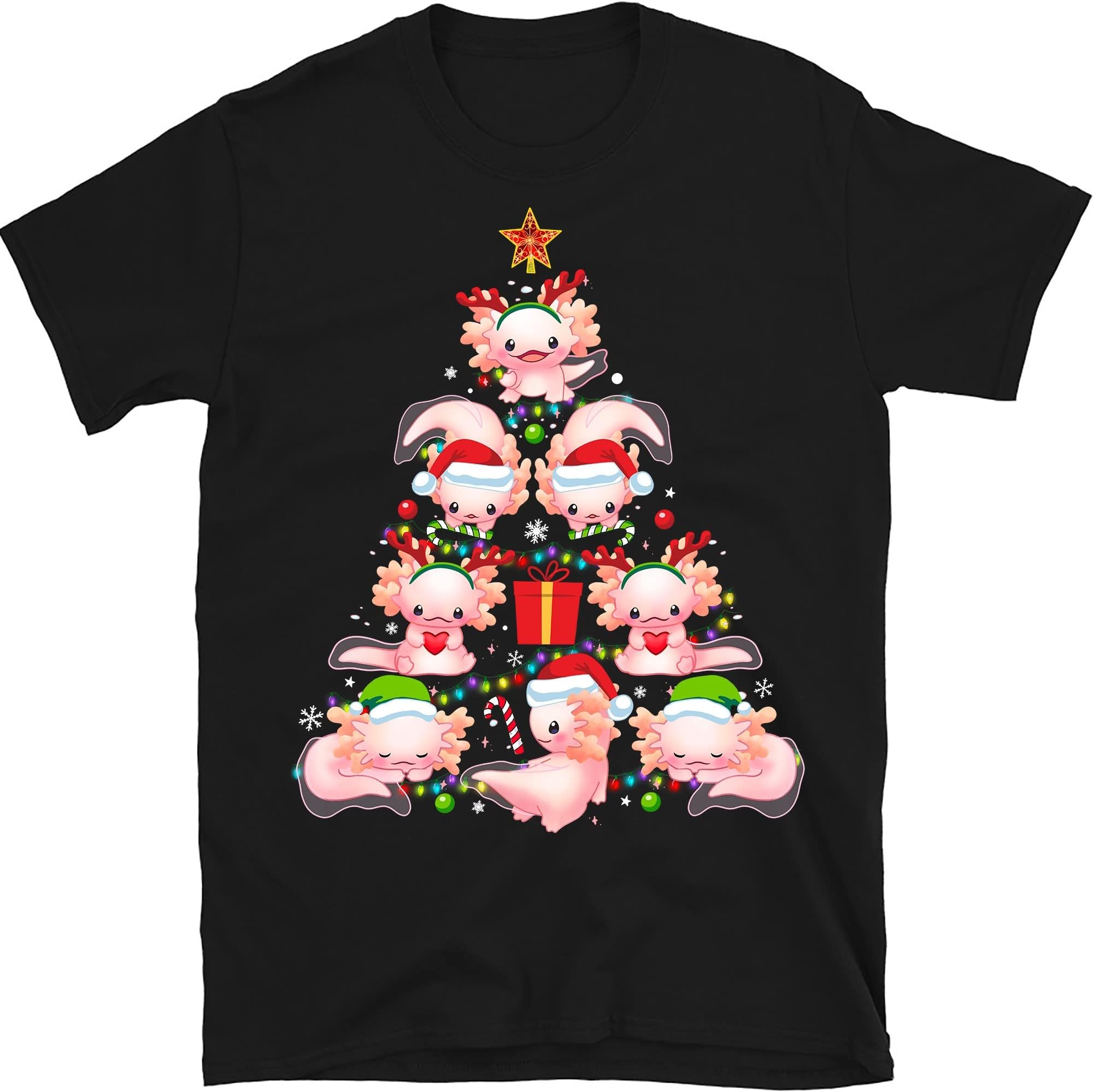 Axolotl Christmas Tree Lights Funny Family Pajamas Xmas T-Shirt - Black XX-Large
