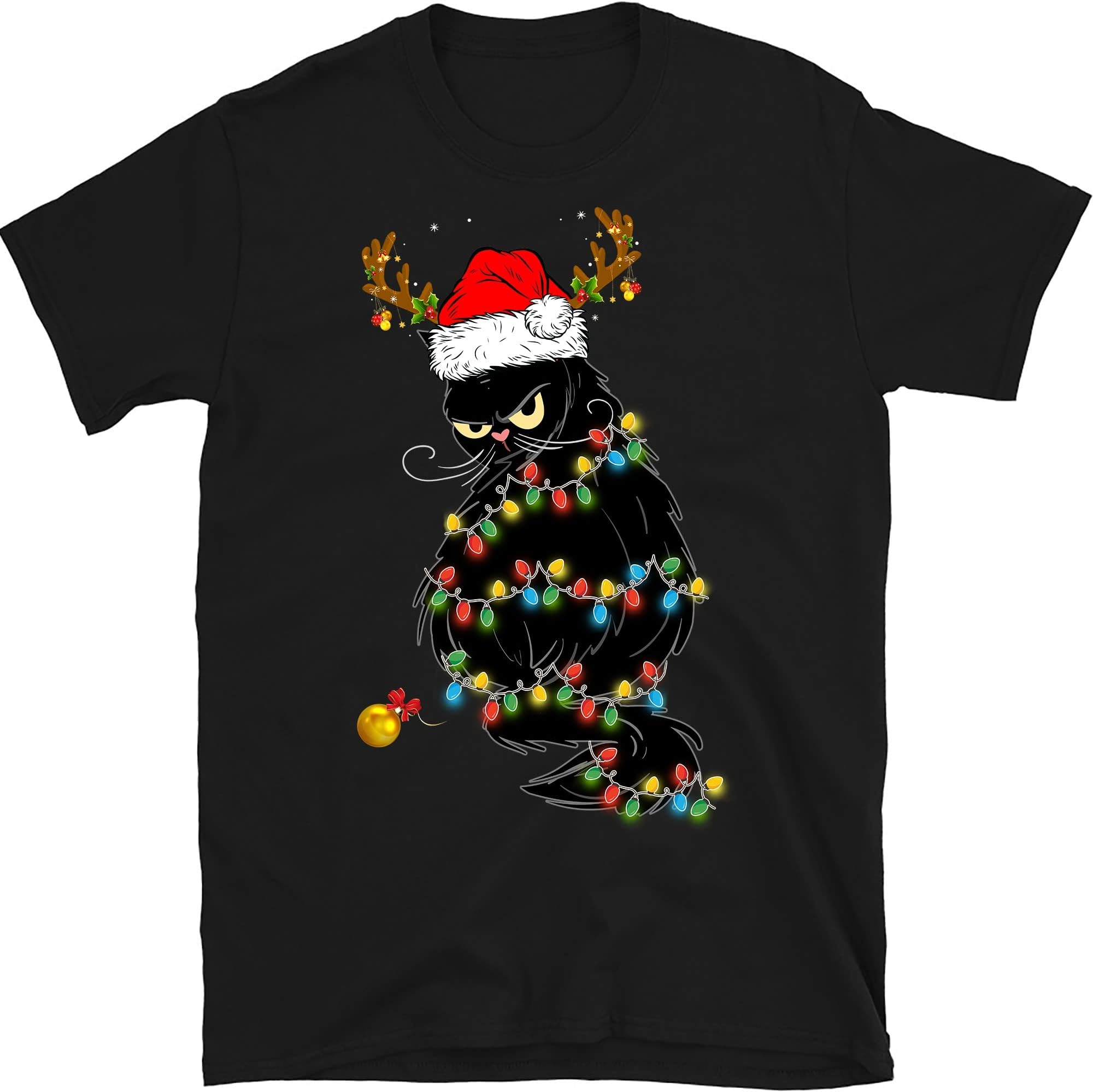 Black Cat Christmas Lights T- Shirt Funny Cat Lover Christmas Cat Gift - Black 3X-Large