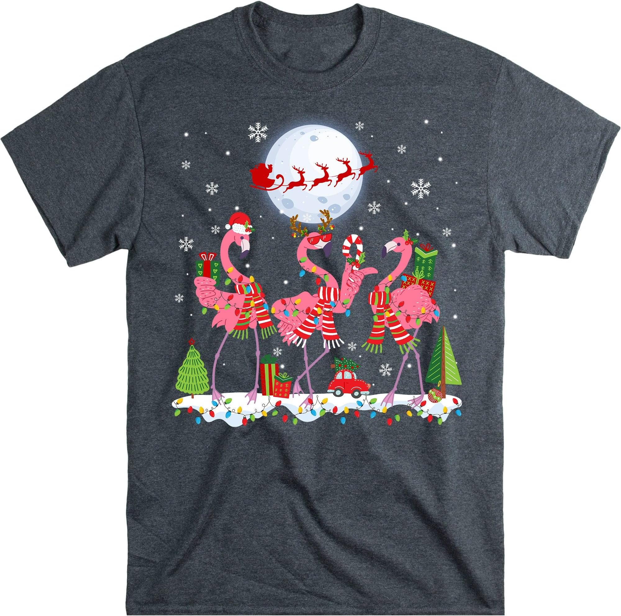 Funny Flamingo Lights Santa Hat Shirt, Sweater Xmas Tree Christmas Shirt, Gift Lights Shirt - Dark Heather Medium