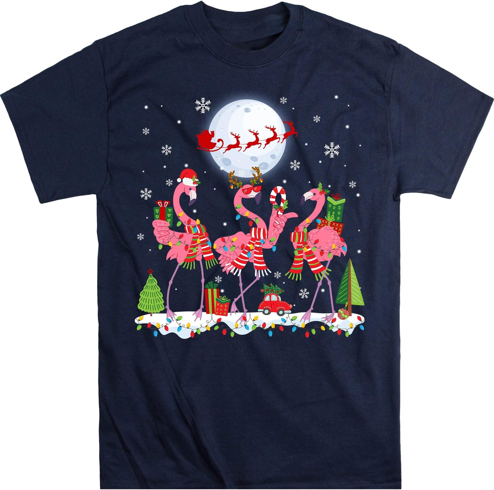 Funny Flamingo Lights Santa Hat Shirt, Sweater Xmas Tree Christmas Shirt, Gift Lights Shirt - Navy 4X-Large