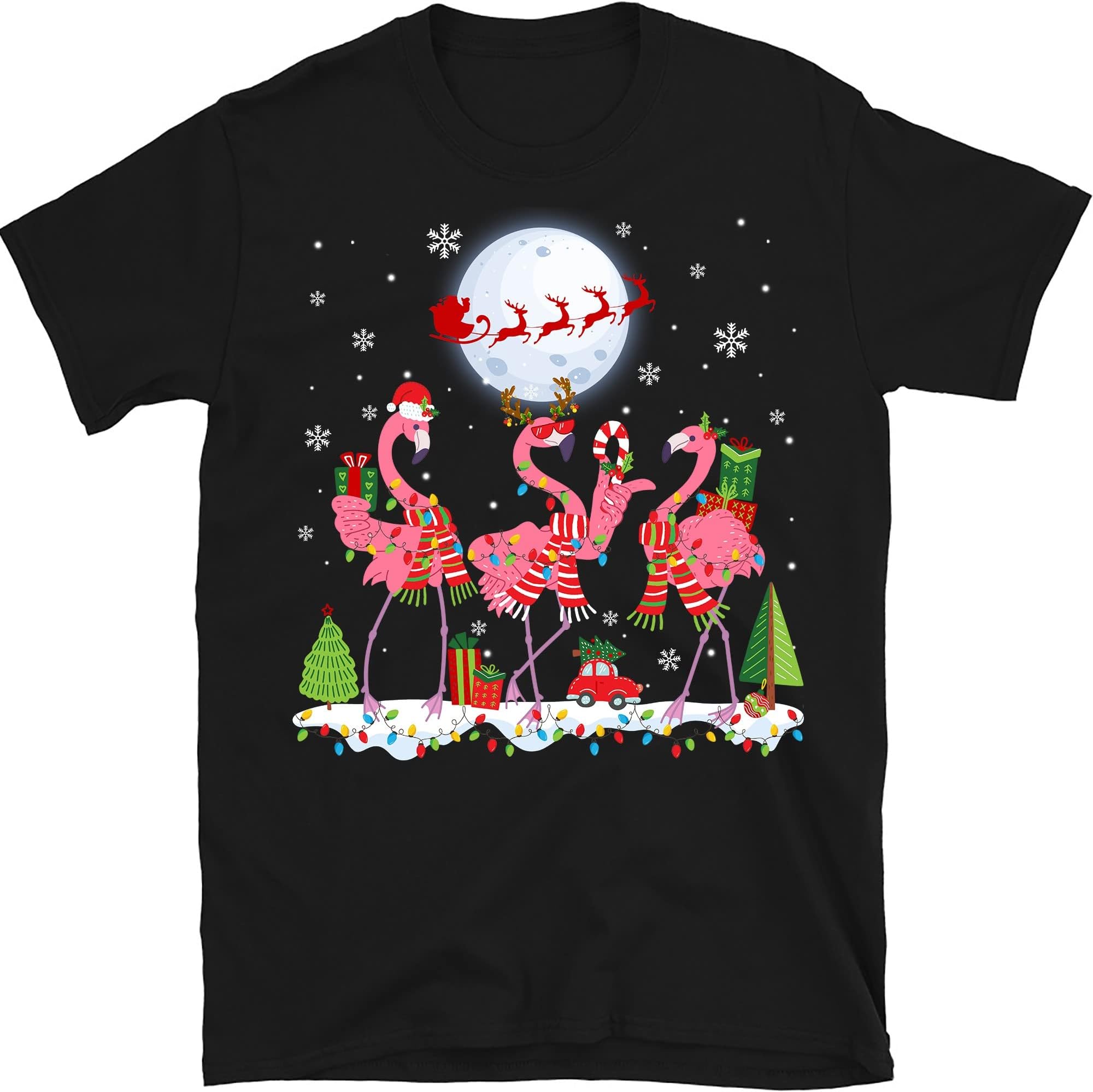 Funny Flamingo Lights Santa Hat Shirt, Sweater Xmas Tree Christmas Shirt, Gift Lights Shirt - Black Large