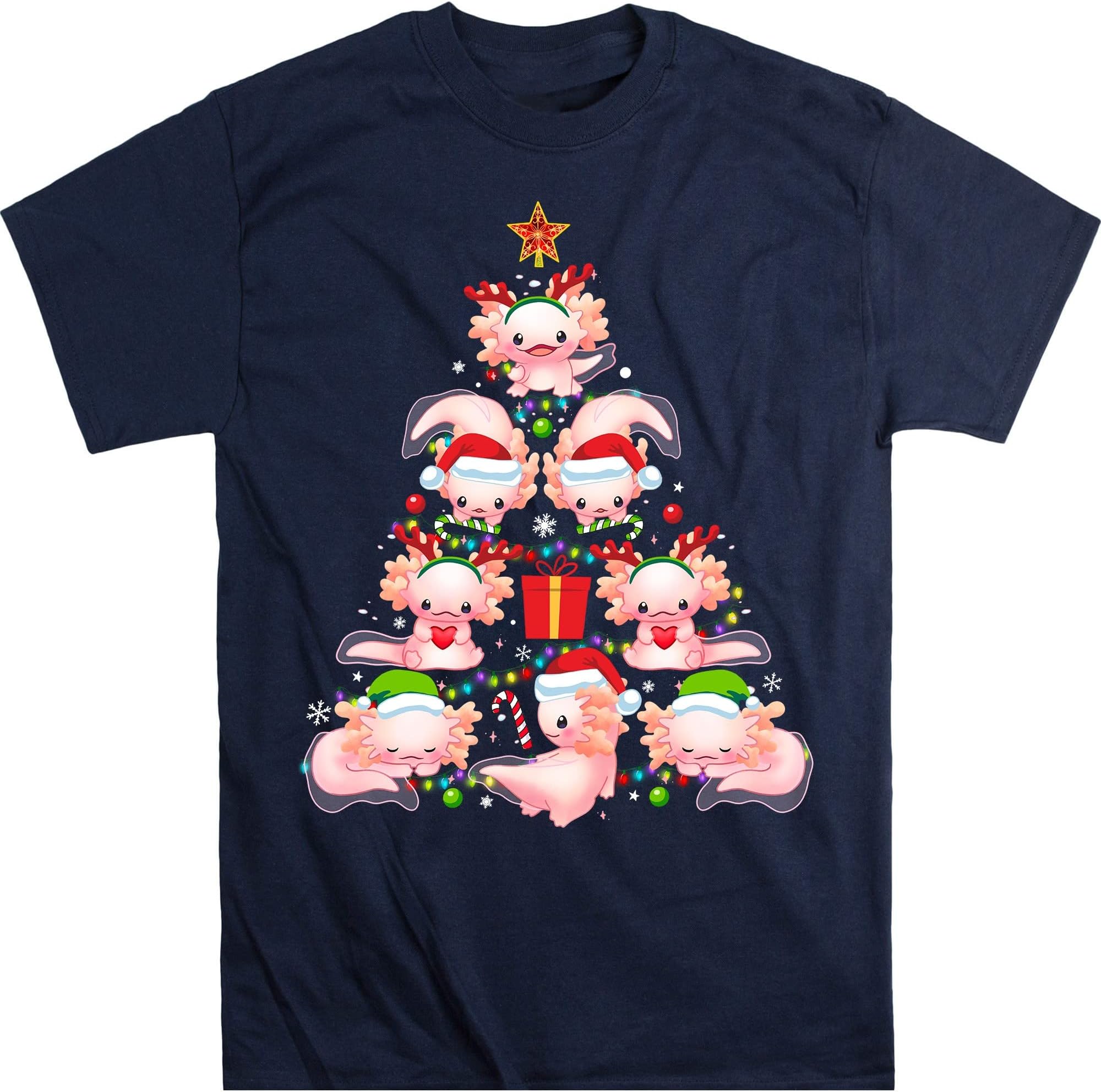 Axolotl Christmas Tree Lights Funny Family Pajamas Xmas T-Shirt - Navy 3X-Large