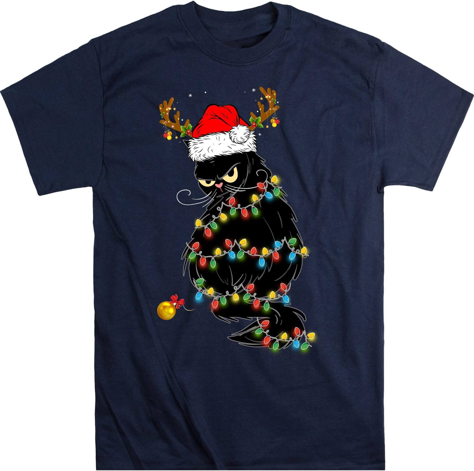 Black Cat Christmas Lights T- Shirt Funny Cat Lover Christmas Cat Gift - Navy XX-Large