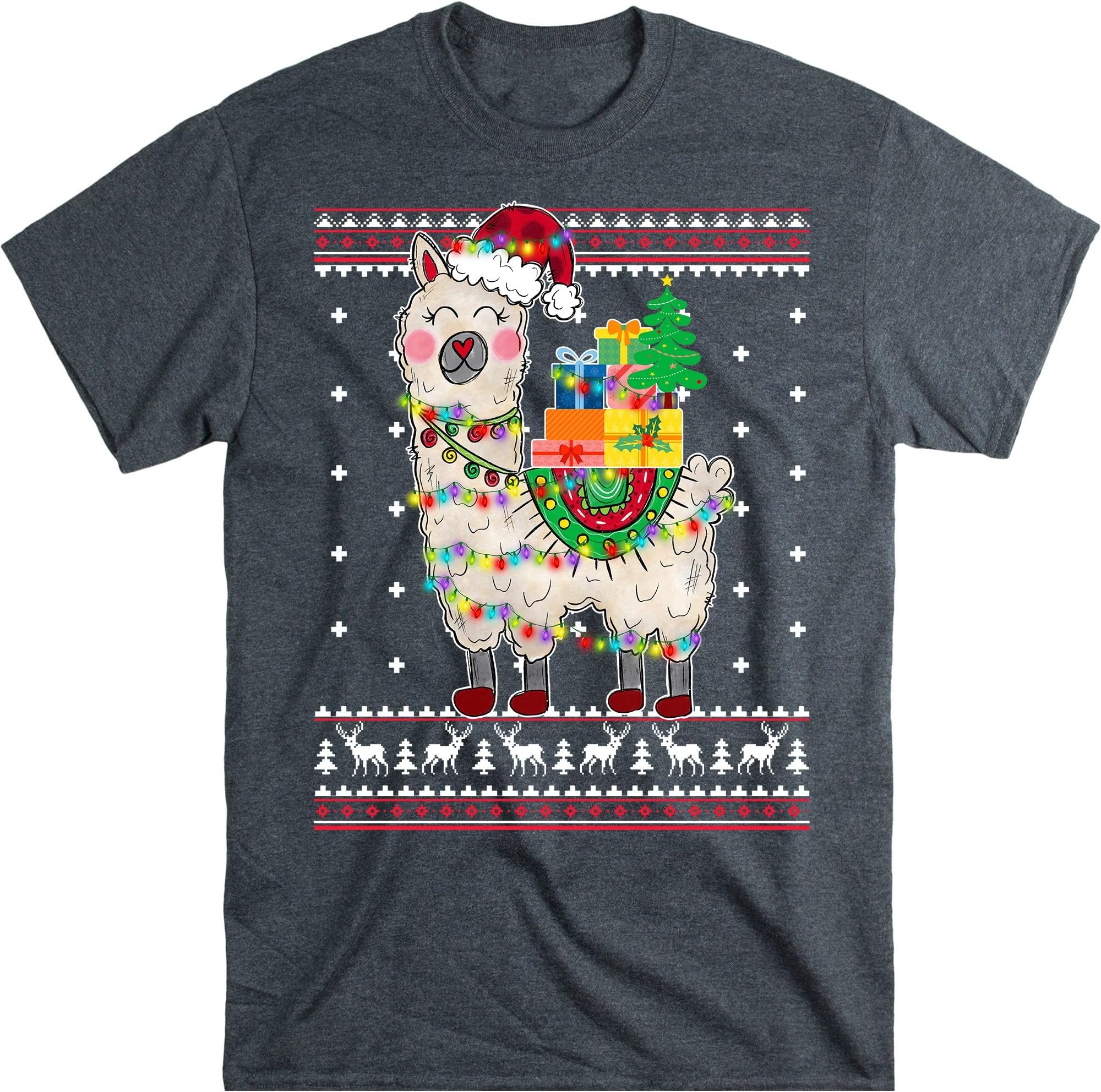 Llamas Christmas Xmas T-Shirt, Funny Llama Lovers Christmas Lights Pajama T-Shirt - Dark Heather 3X-Large