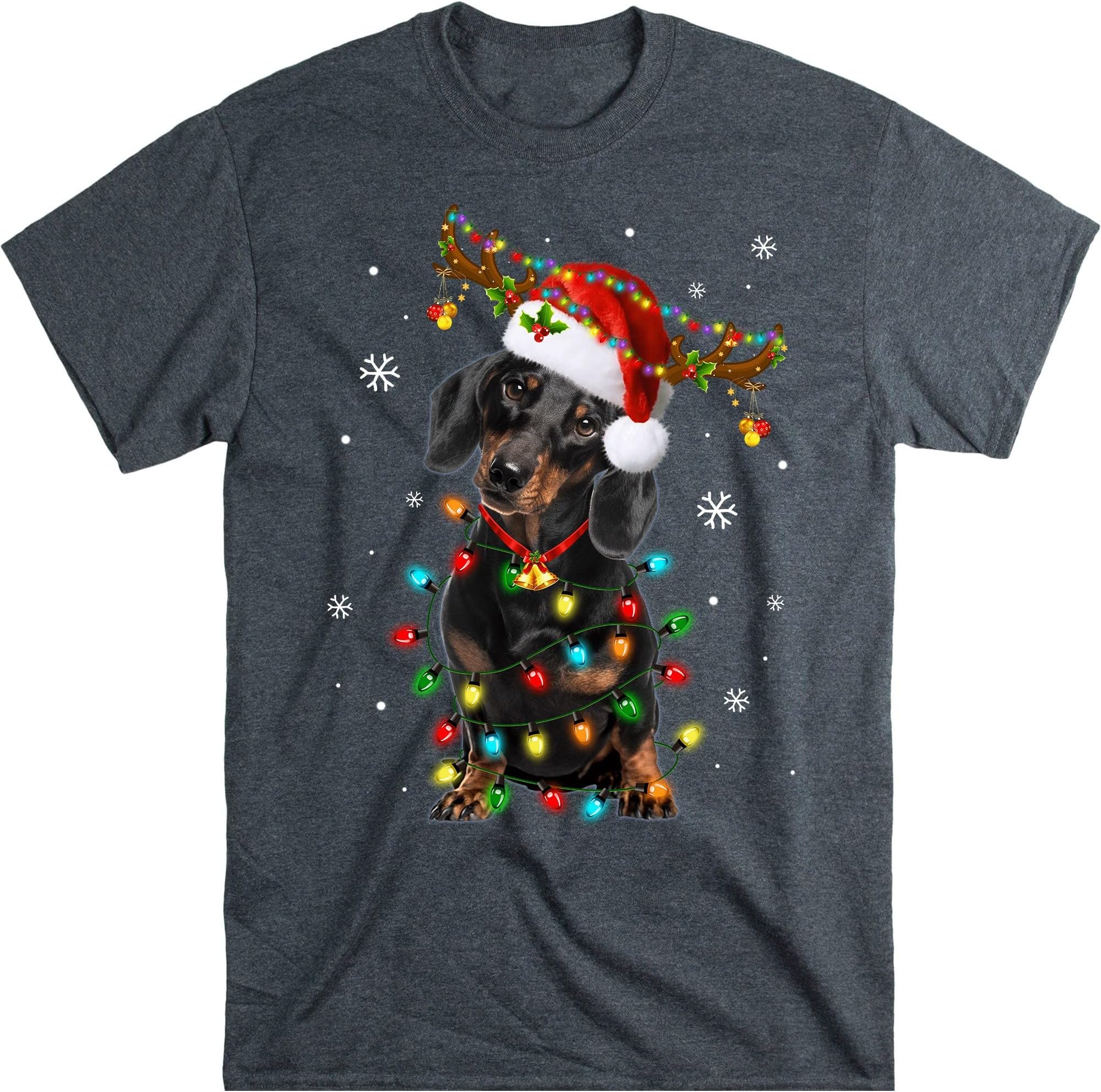 Dachshund Christmas Lights Shirt, Dog Lover, Dachshund Mom Gift, Funny Dog T Shirt - Dark Heather X-Large