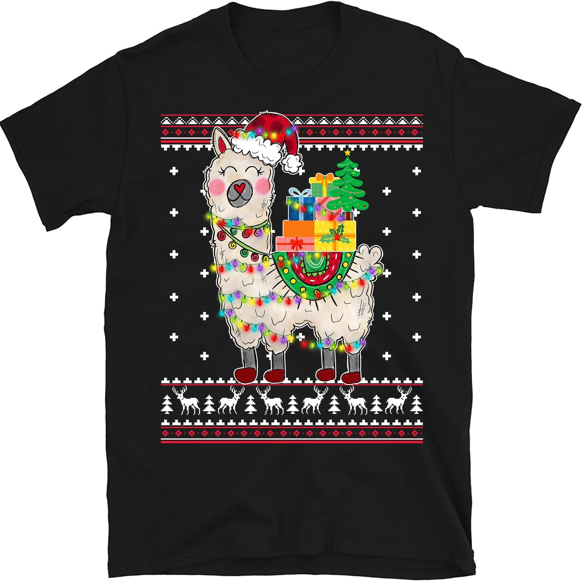 Llamas Christmas Xmas T-Shirt, Funny Llama Lovers Christmas Lights Pajama T-Shirt - Black Large