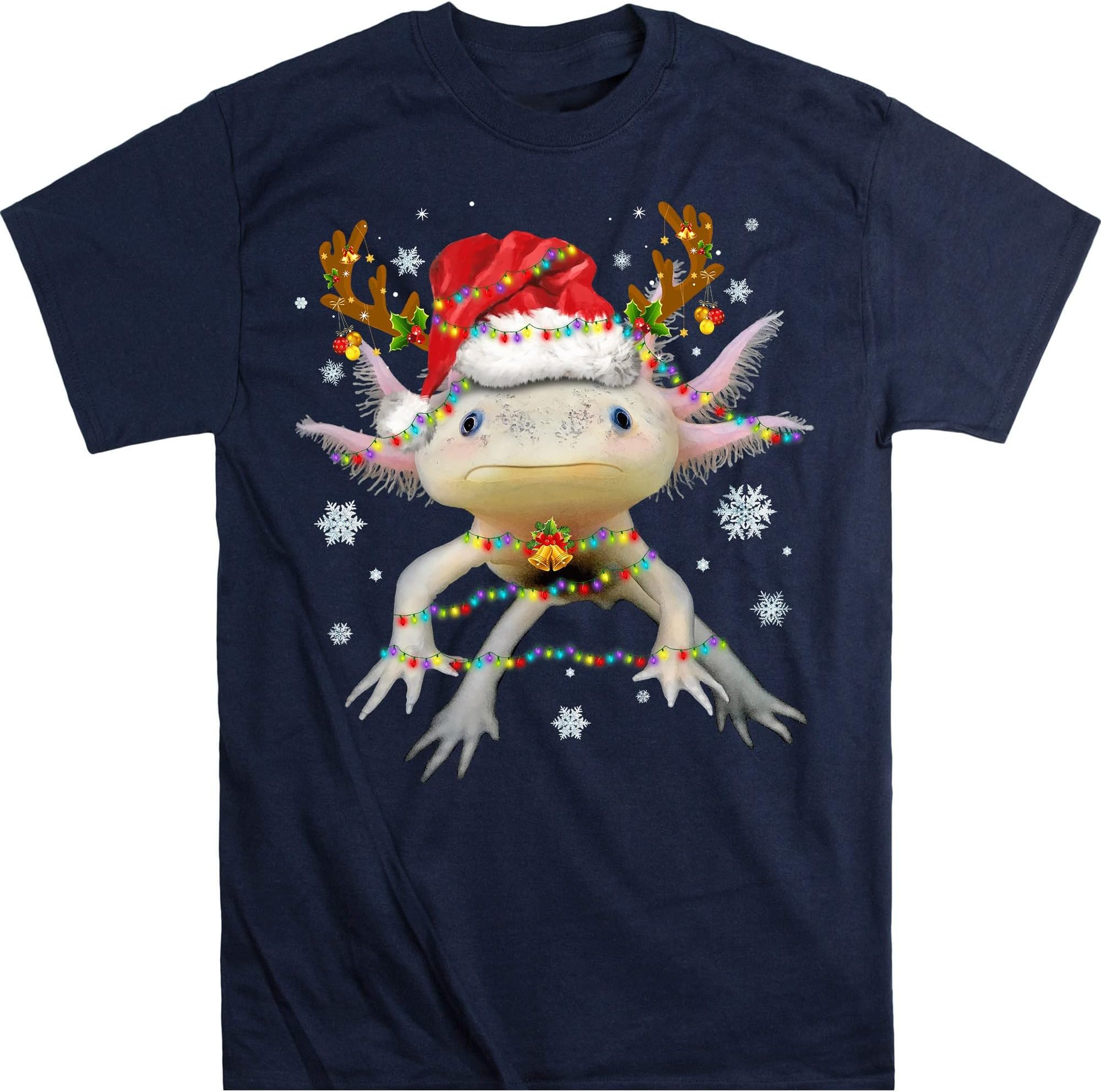 Cute Christmas Axolotl Lover Xmas, Axolotl Christmas Lights Funny Family Pajamas Xmas T-Shirt - Navy Medium