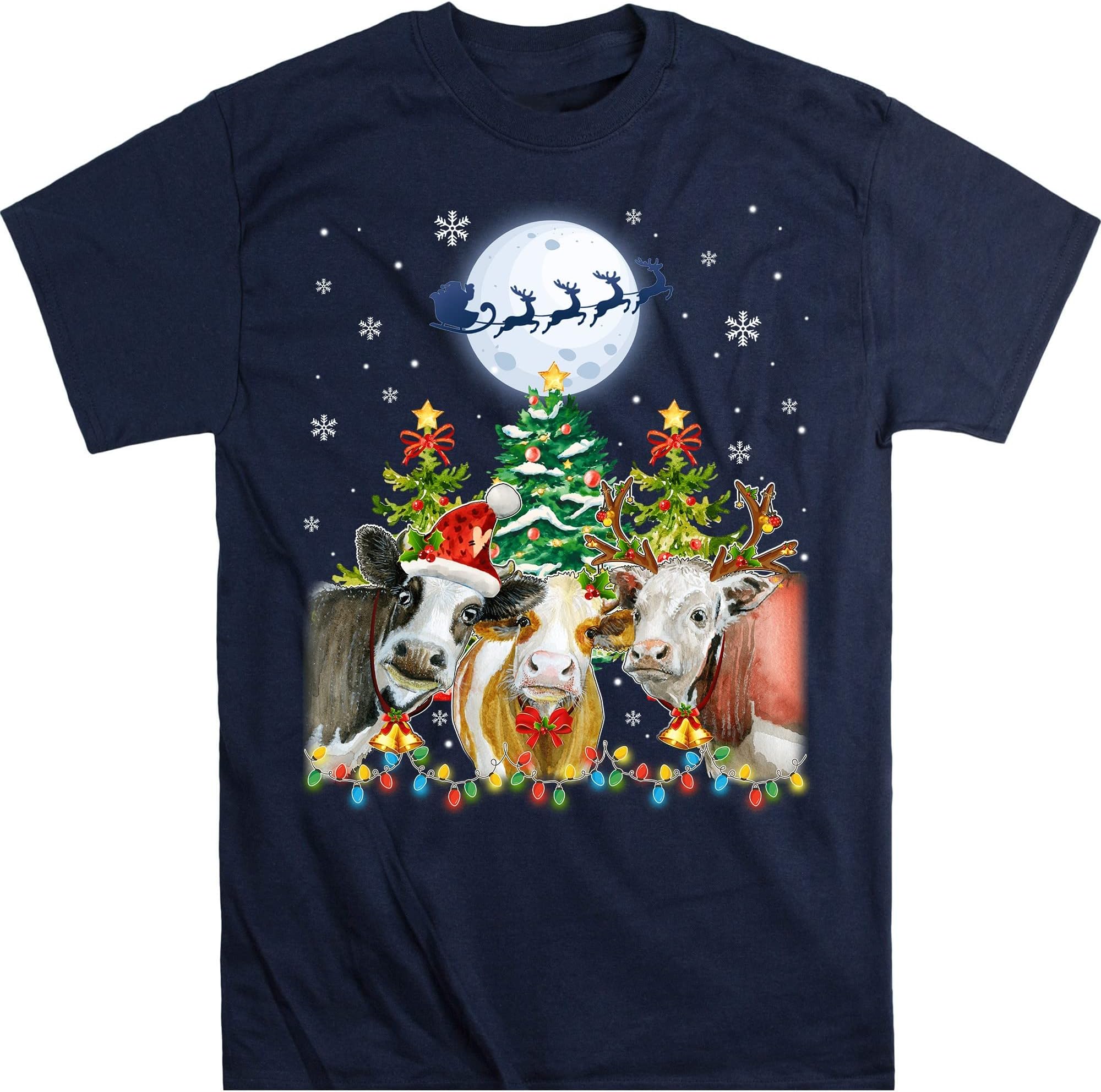 Cow Christmas Lights, Funny Heifers Christmas Shirt Cow Holiday Cow Lover Xmas Gift Farm Christmas T- Shirt - Navy XX-Large