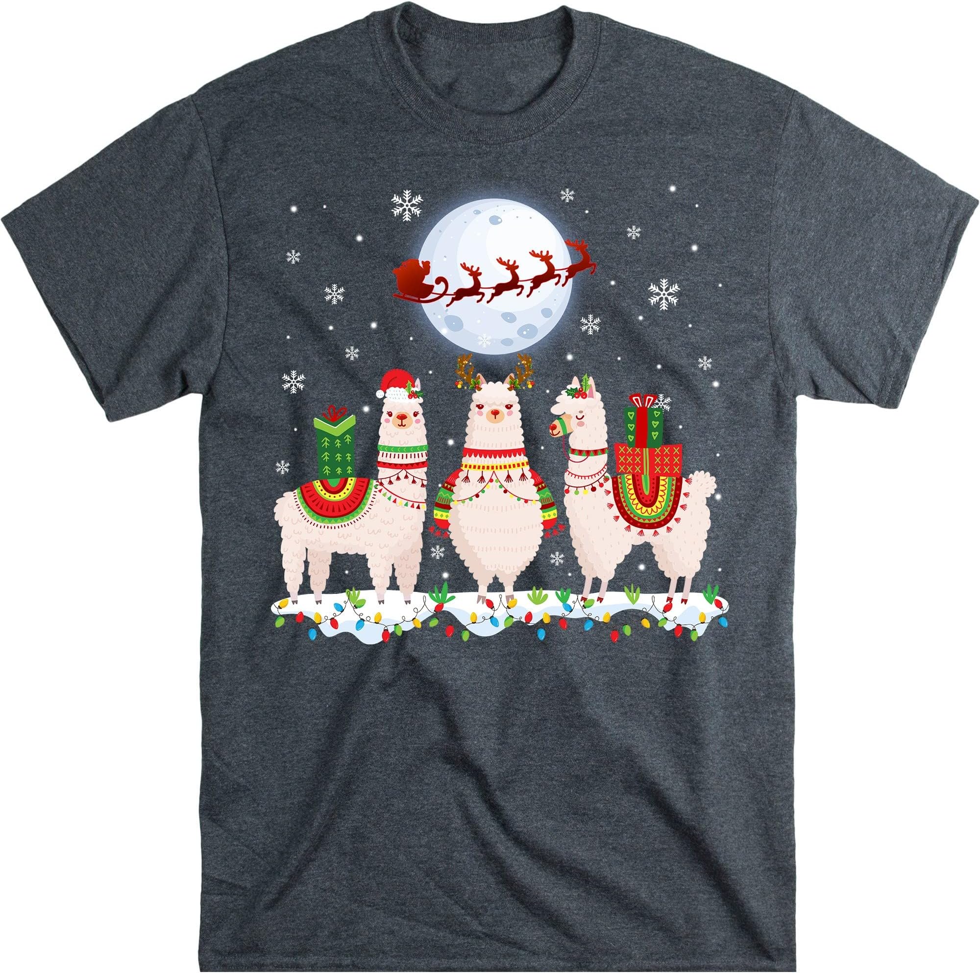 Funny Llamas Christmas Xmas T-Shirt, Funny Llama Lovers Christmas Lights Pajama T-Shirt - Dark Heather Small