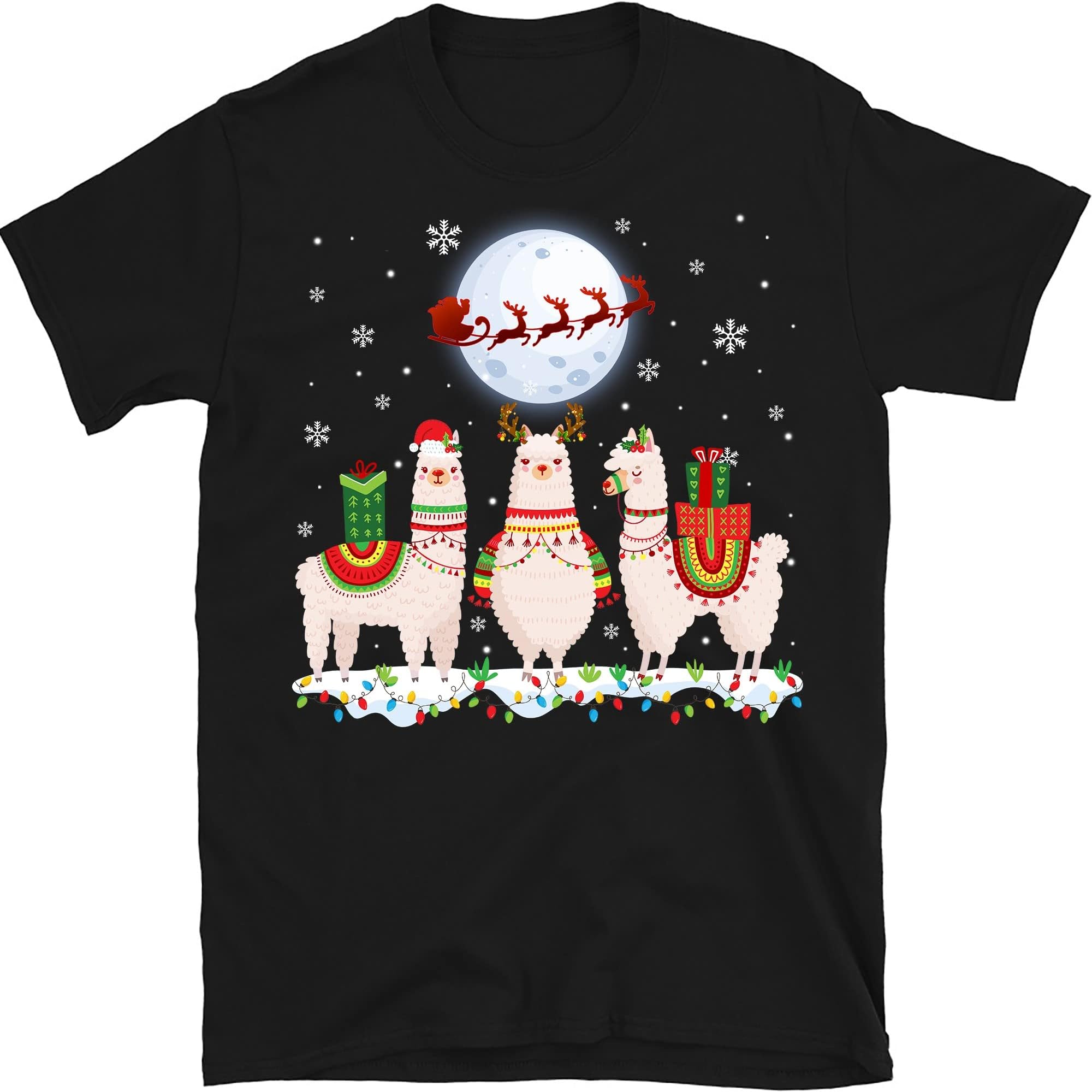 Funny Llamas Christmas Xmas T-Shirt, Funny Llama Lovers Christmas Lights Pajama T-Shirt - Black XX-Large