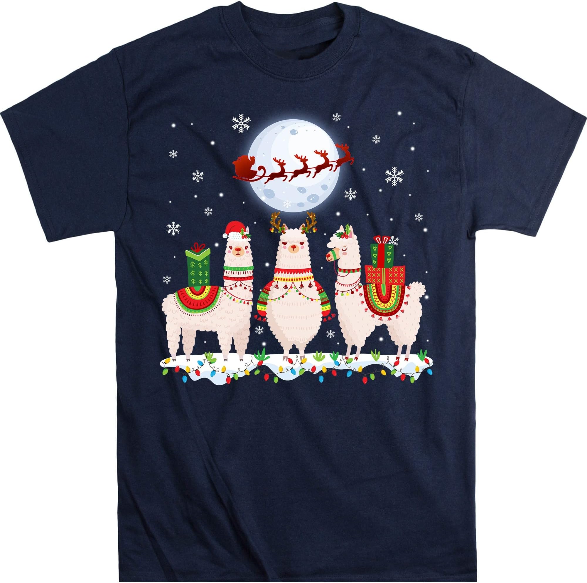 Funny Llamas Christmas Xmas T-Shirt, Funny Llama Lovers Christmas Lights Pajama T-Shirt - Navy 4X-Large