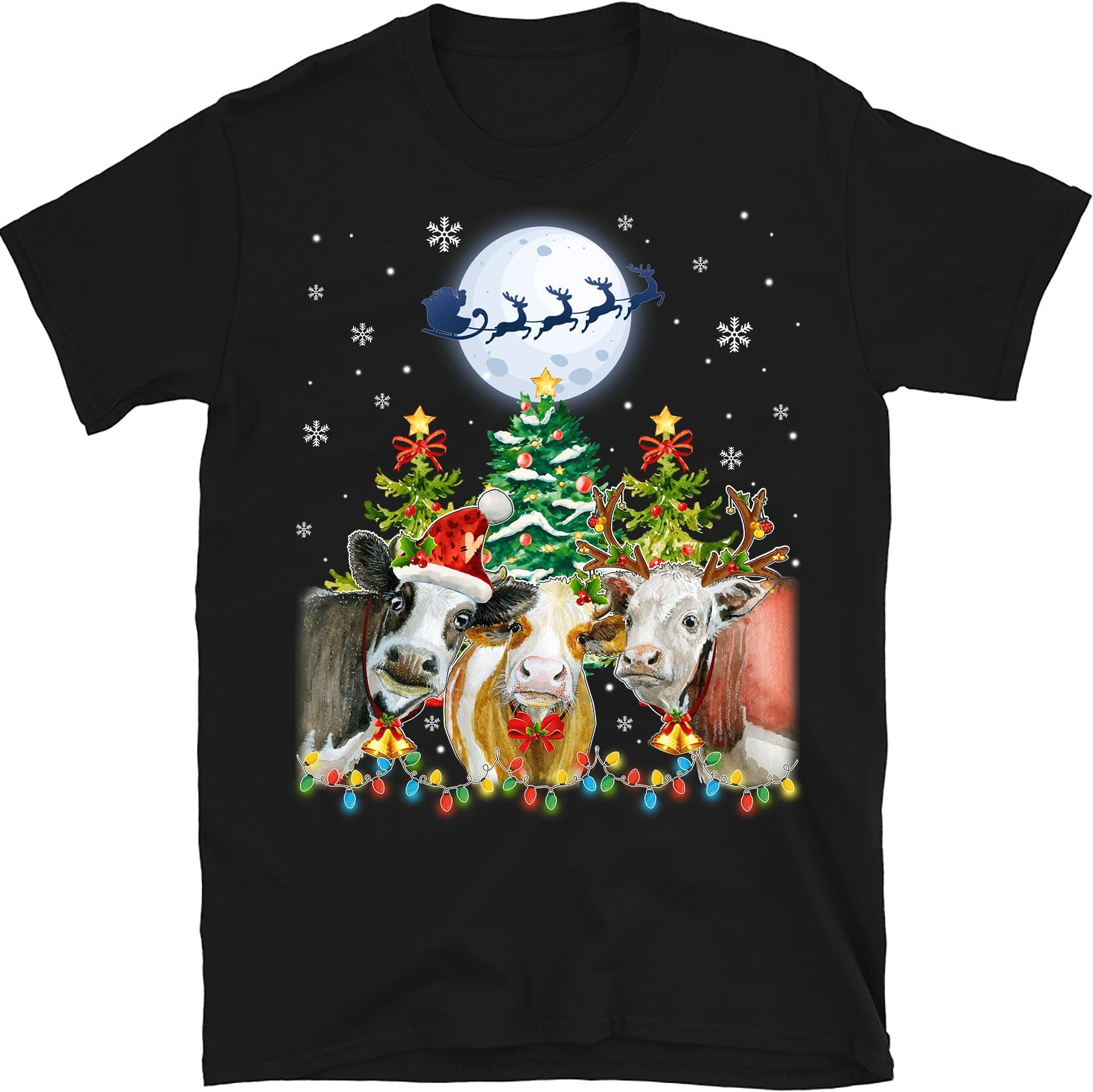 Cow Christmas Lights, Funny Heifers Christmas Shirt Cow Holiday Cow Lover Xmas Gift Farm Christmas T- Shirt - Black Large