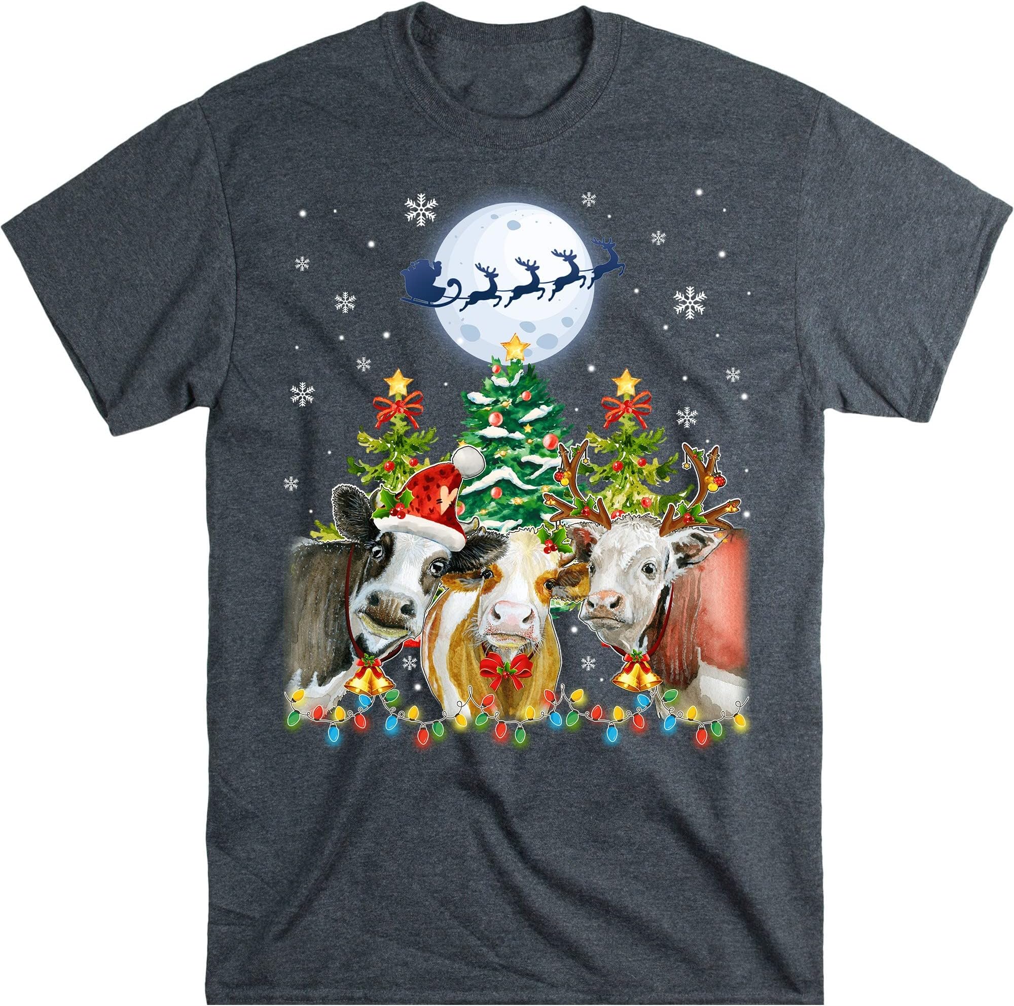 Cow Christmas Lights, Funny Heifers Christmas Shirt Cow Holiday Cow Lover Xmas Gift Farm Christmas T- Shirt - Dark Heather Medium
