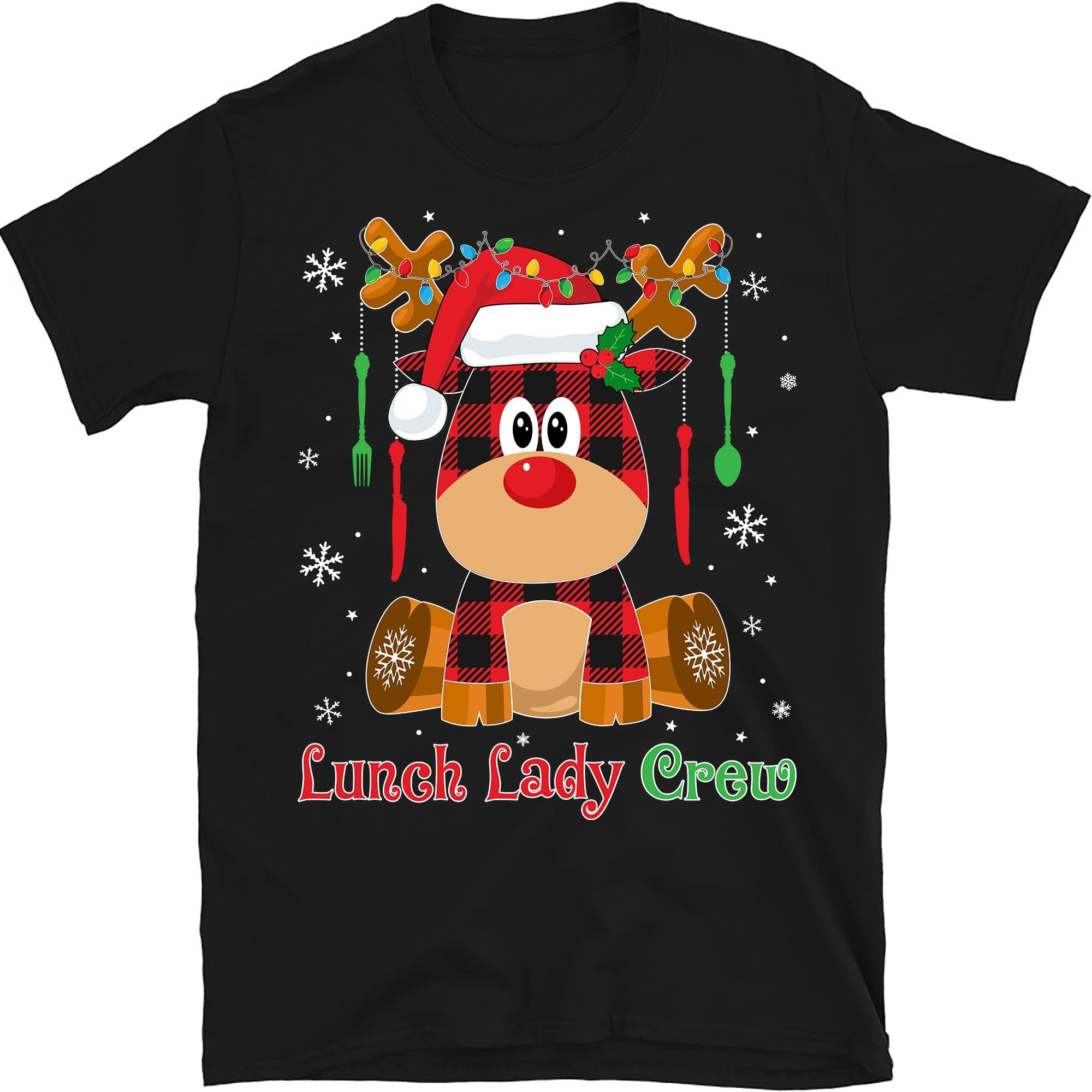 Funny Lunch Lady Red Plaid Buffalo Reindeer Xmas Gift T-Shirt - Black Large