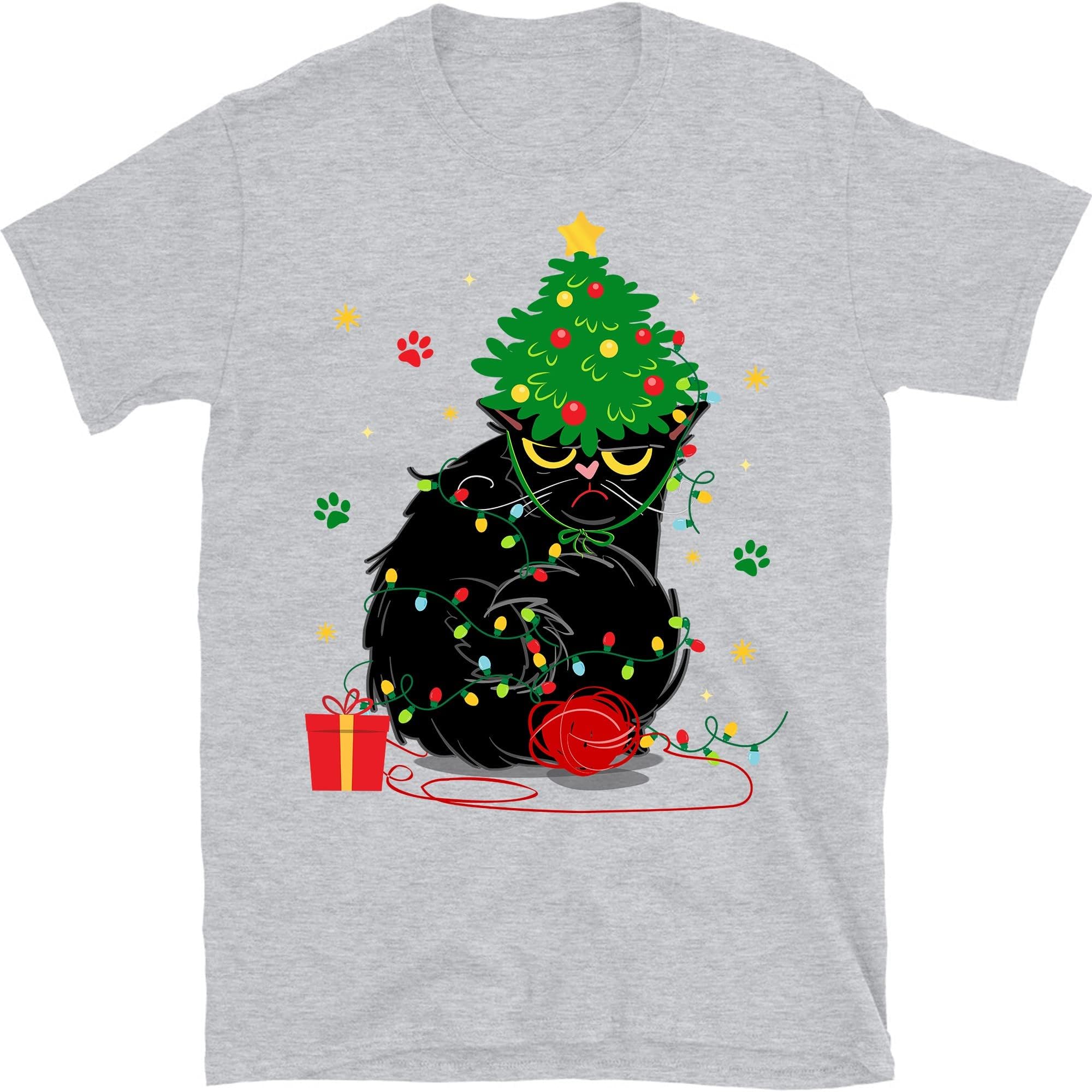 Black Cat Christmas Light T- Shirt Funny Cat Lover Christmas - Sport Grey 3X-Large