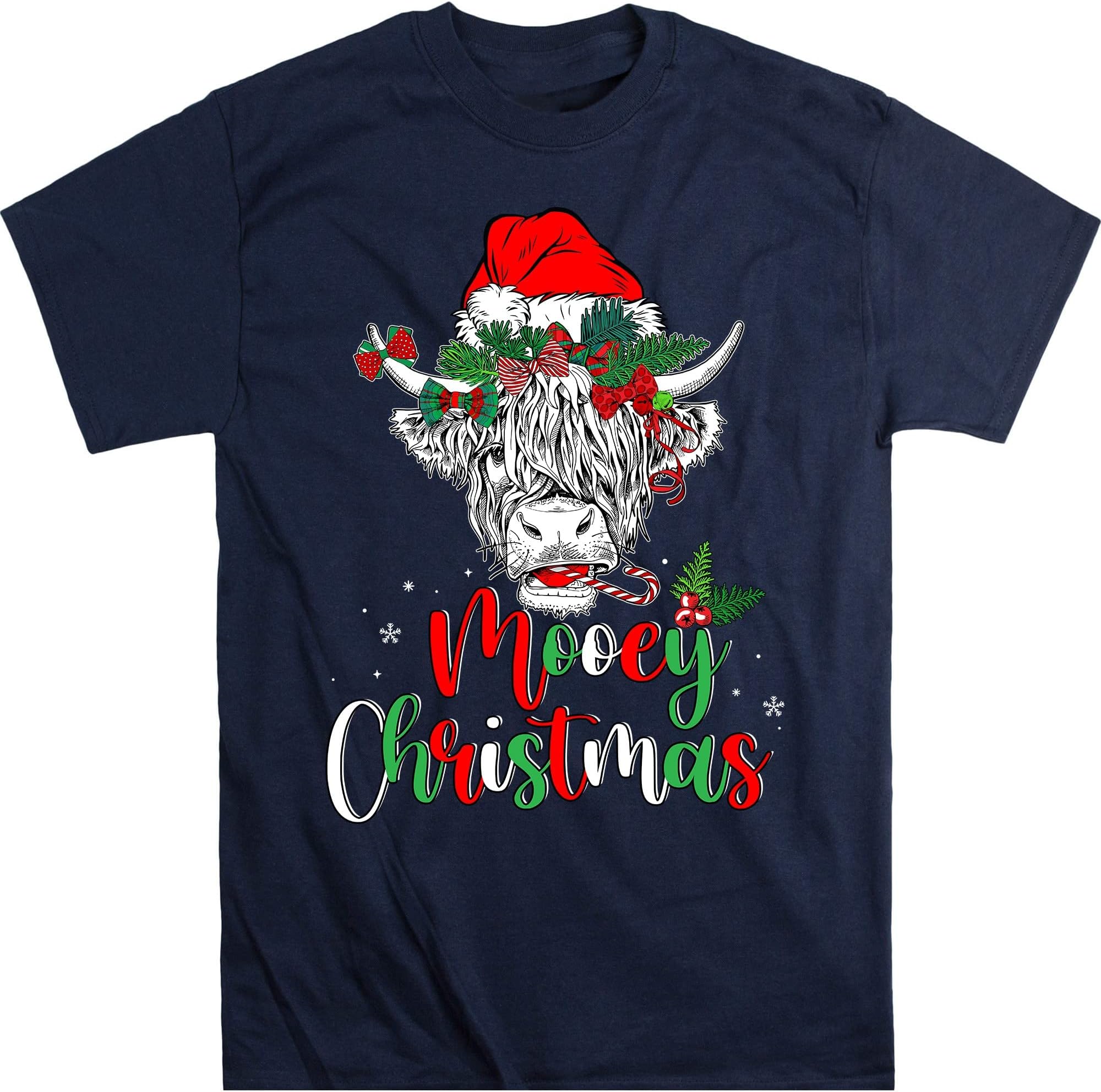 TEEDIYMooey Christmas Santa Heifer Xmas Lights Shirt, Cow Lovers Shirt, Cow Santa Shirt, Highland Cattle, Farm Animal Lover Shirt - Navy Small