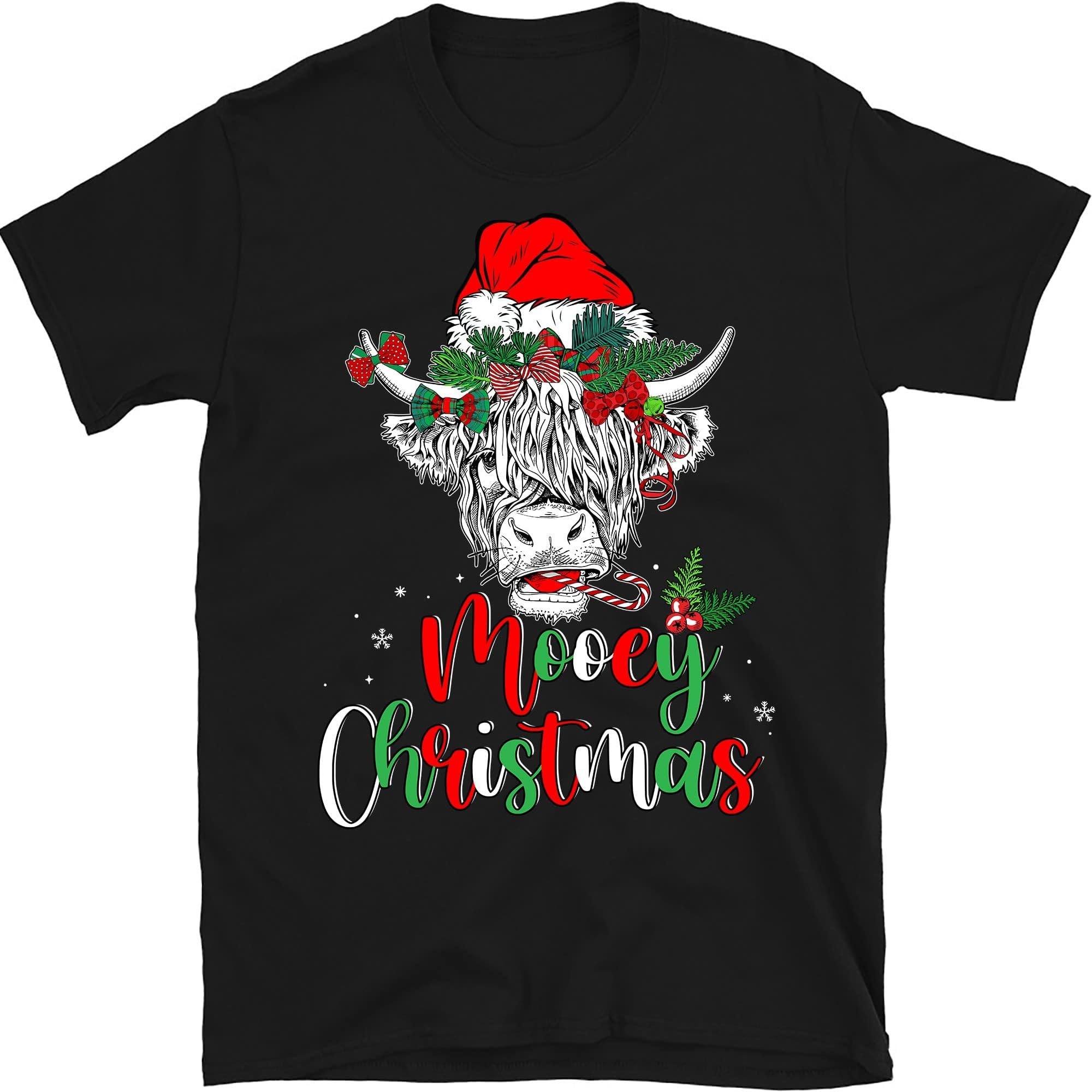TEEDIYMooey Christmas Santa Heifer Xmas Lights Shirt, Cow Lovers Shirt, Cow Santa Shirt, Highland Cattle, Farm Animal Lover Shirt - Black XX-Large