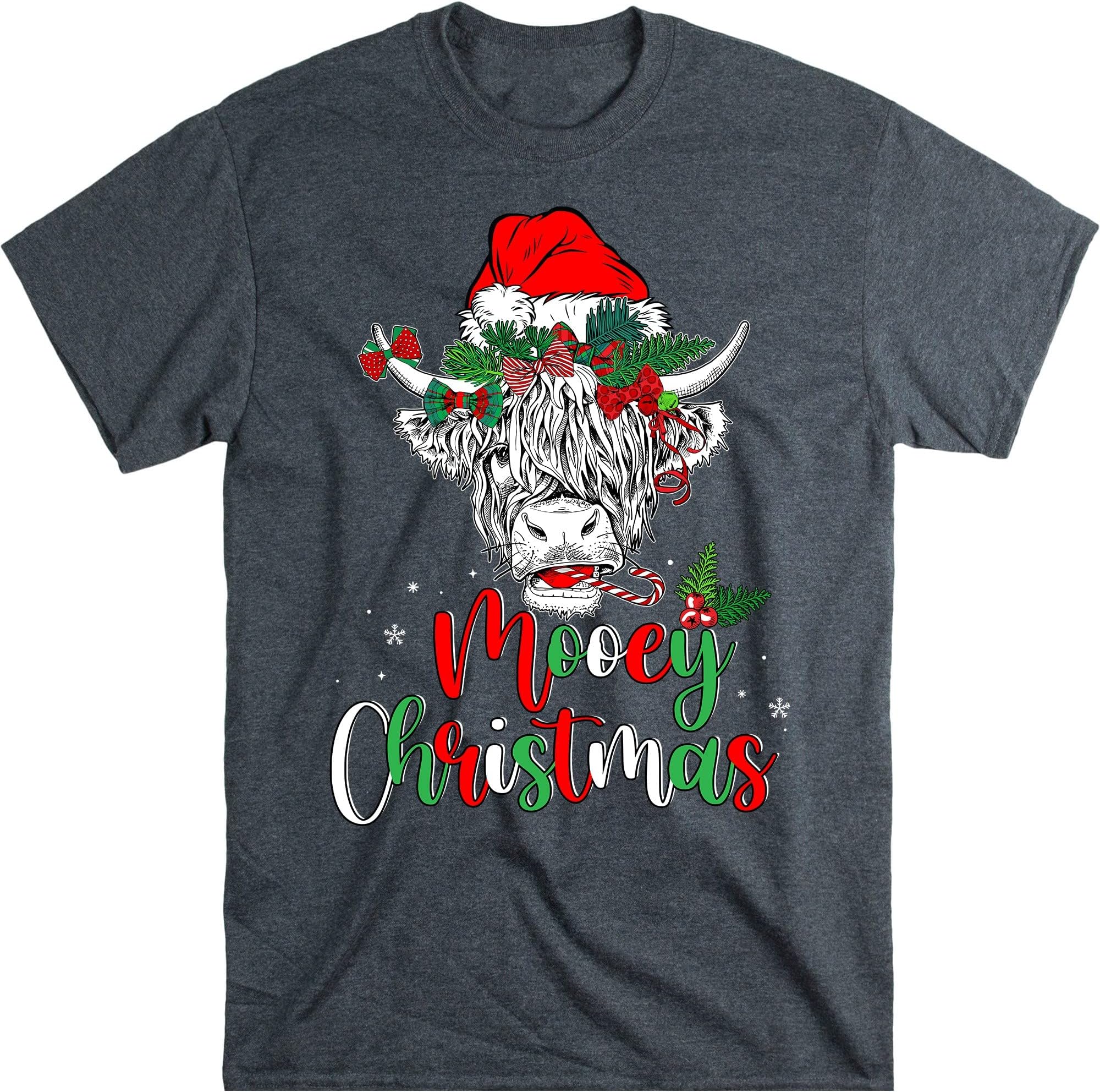 TEEDIYMooey Christmas Santa Heifer Xmas Lights Shirt, Cow Lovers Shirt, Cow Santa Shirt, Highland Cattle, Farm Animal Lover Shirt - Dark Heather X-Large