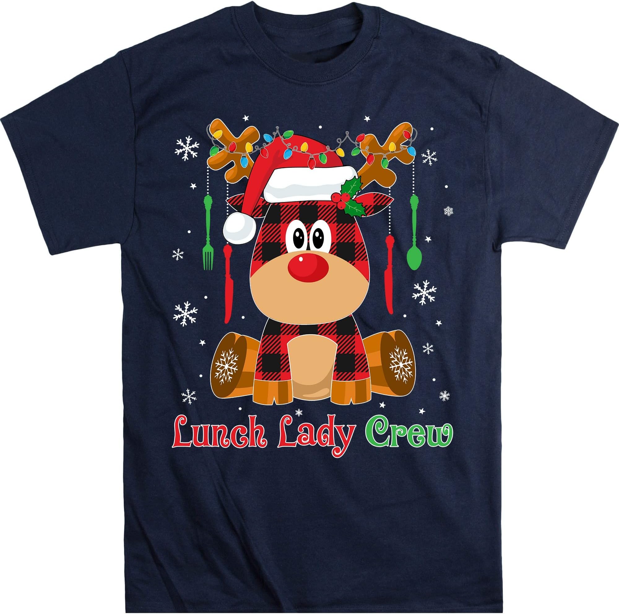 TEEDIYFunny Lunch Lady Red Plaid Buffalo Reindeer Xmas Gift T-Shirt - Navy 4X-Large